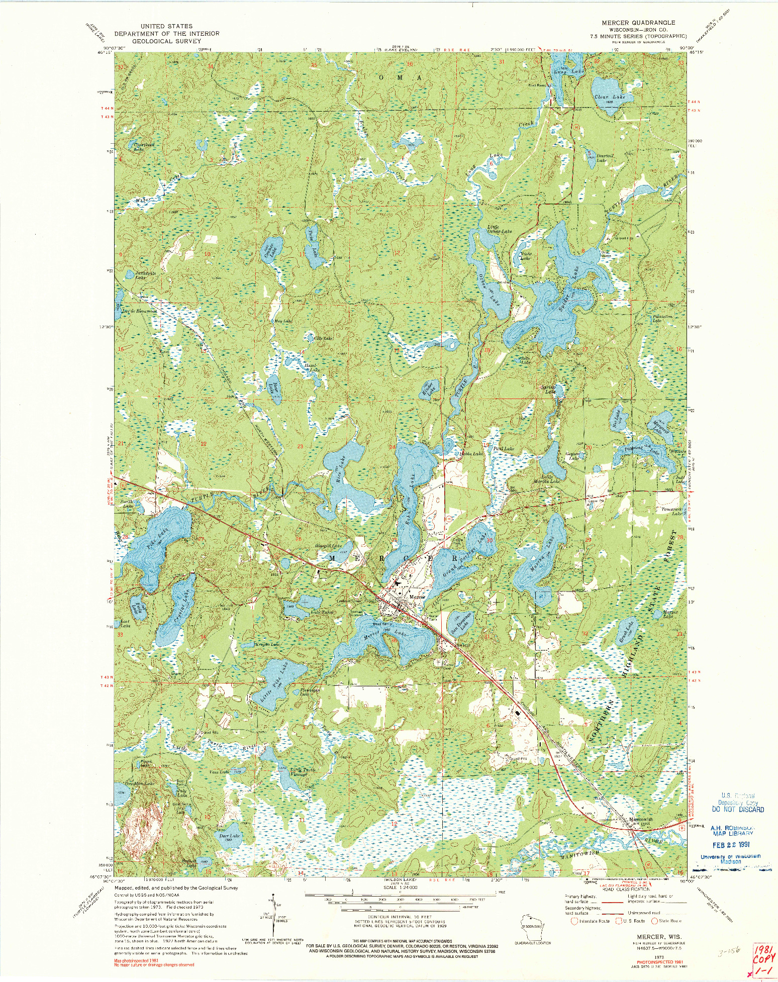 USGS 1:24000-SCALE QUADRANGLE FOR MERCER, WI 1973