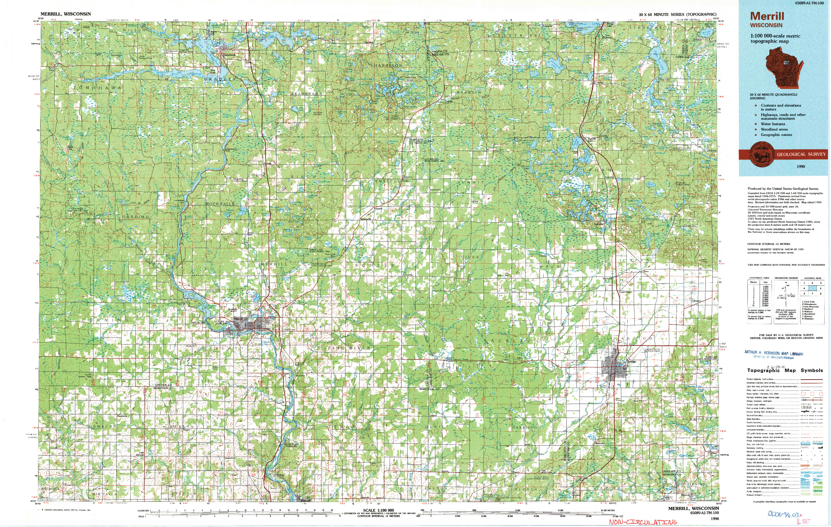 USGS 1:100000-SCALE QUADRANGLE FOR MERRILL, WI 1990