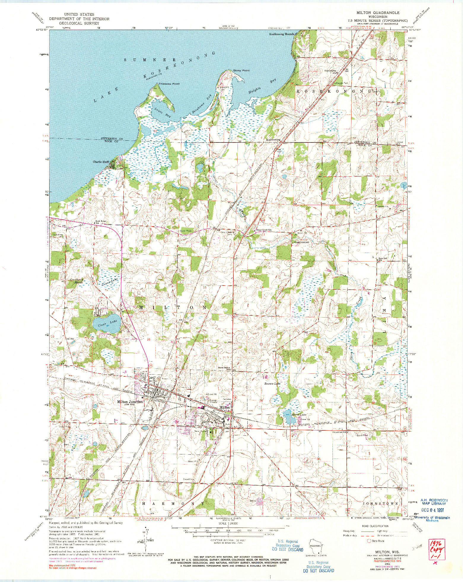 USGS 1:24000-SCALE QUADRANGLE FOR MILTON, WI 1961