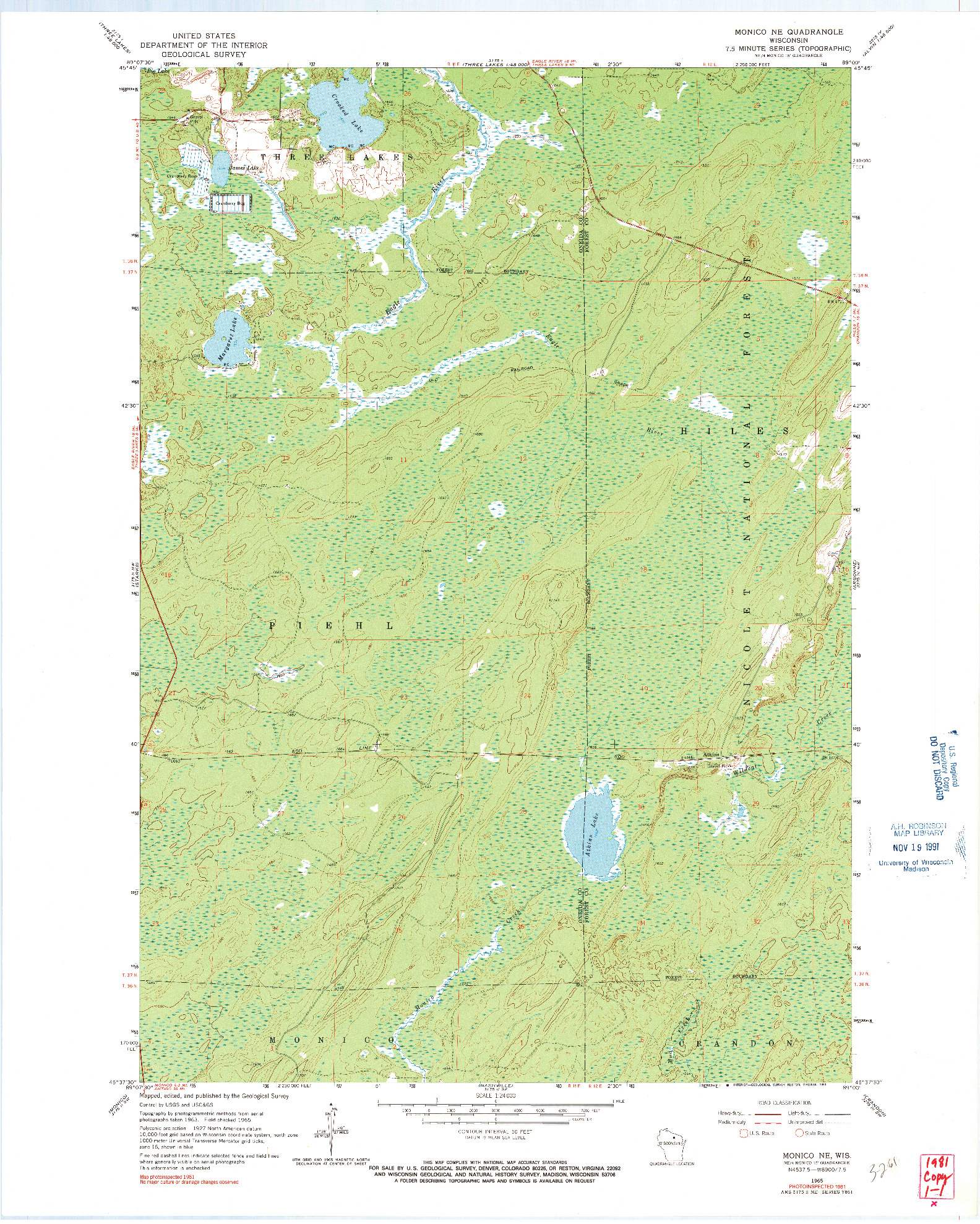 USGS 1:24000-SCALE QUADRANGLE FOR MONICO NE, WI 1965