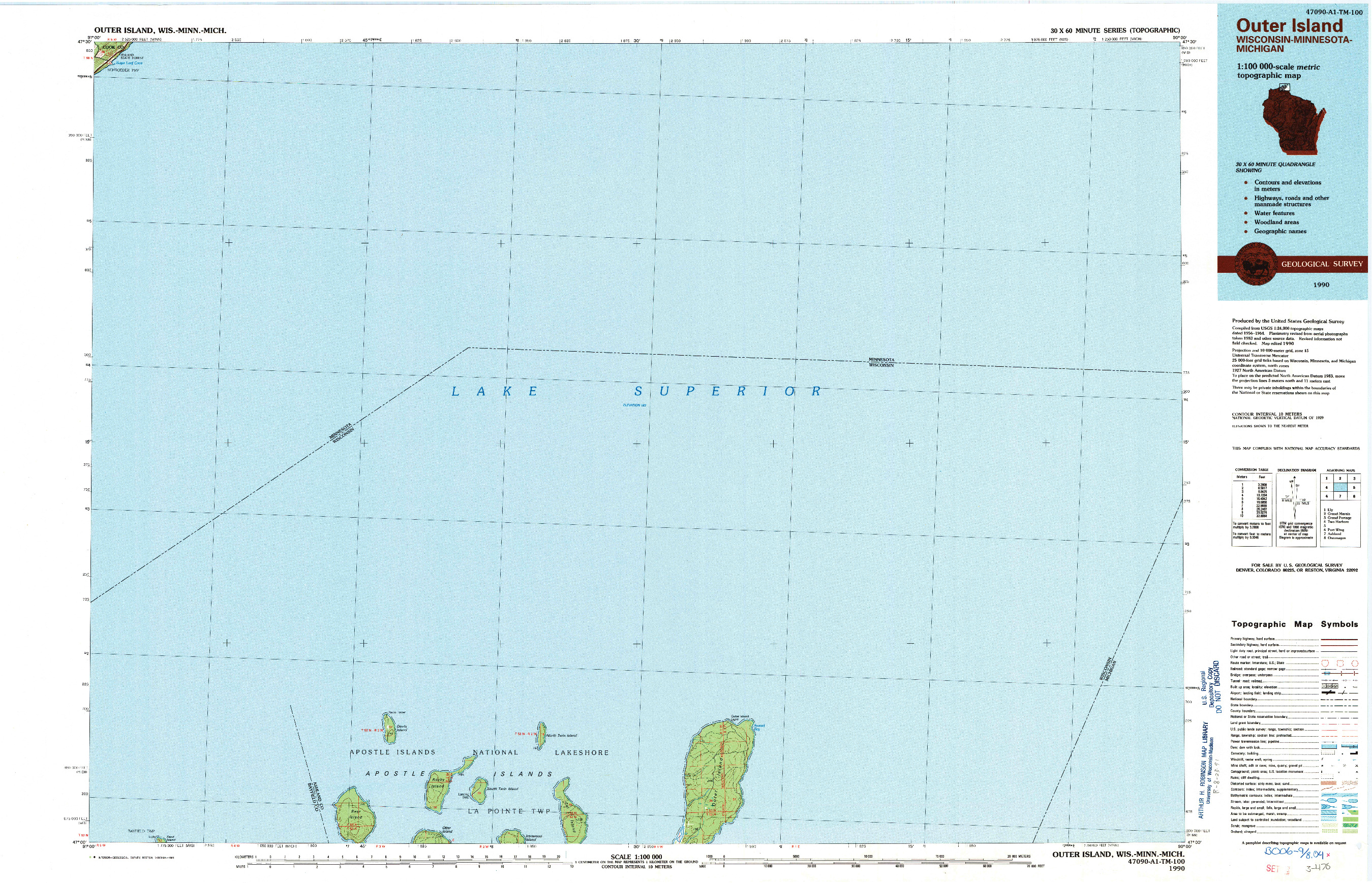USGS 1:100000-SCALE QUADRANGLE FOR OUTER ISLAND, WI 1990