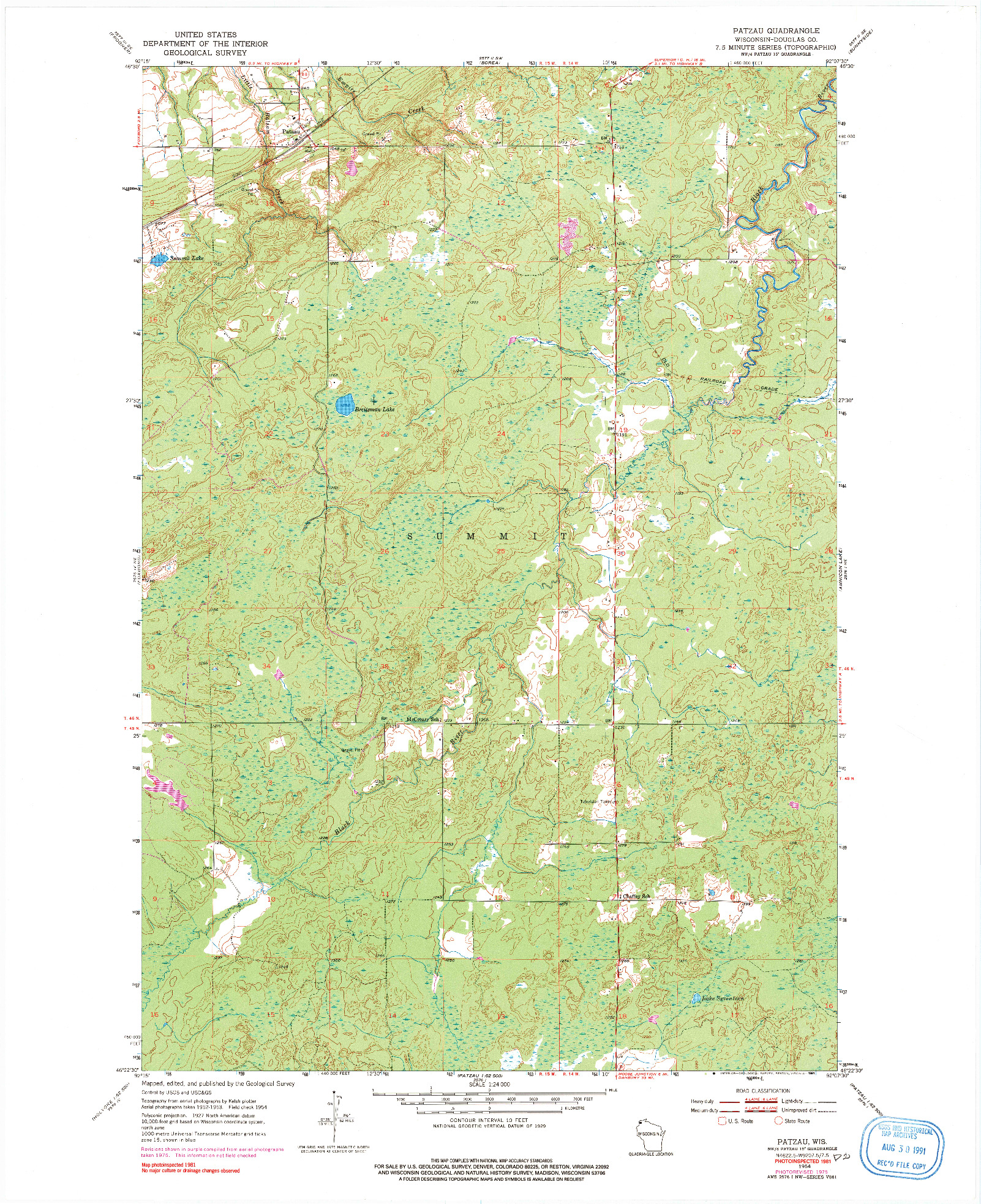 USGS 1:24000-SCALE QUADRANGLE FOR PATZAU, WI 1954