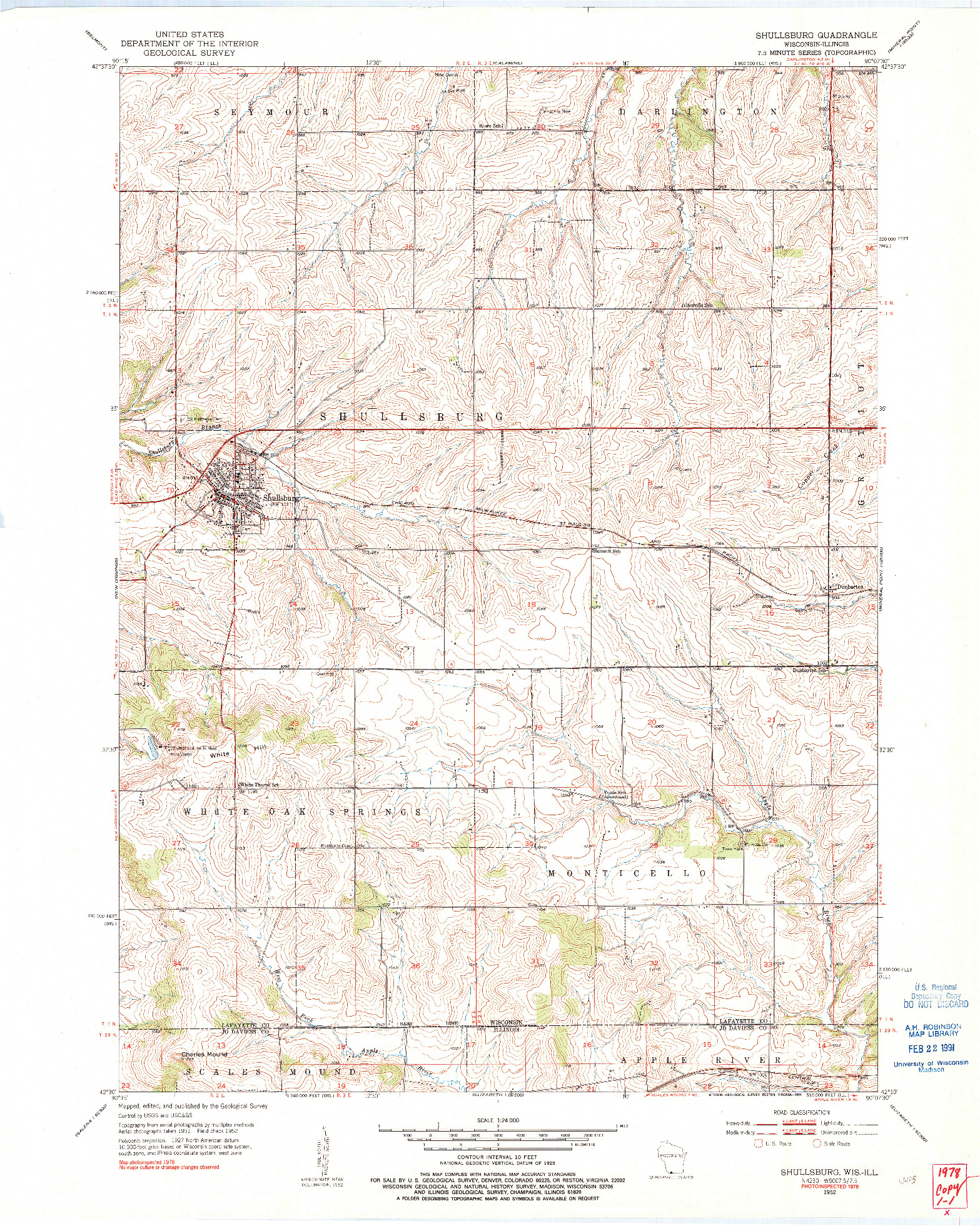 USGS 1:24000-SCALE QUADRANGLE FOR SHULLSBURG, WI 1952