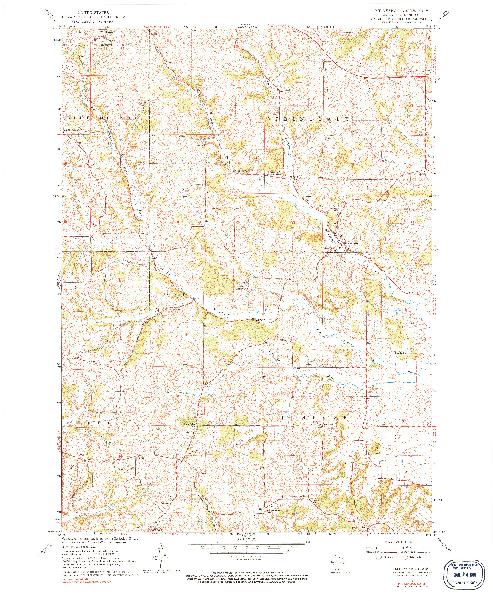 USGS 1:24000-SCALE QUADRANGLE FOR MT. VERNON, WI 1962