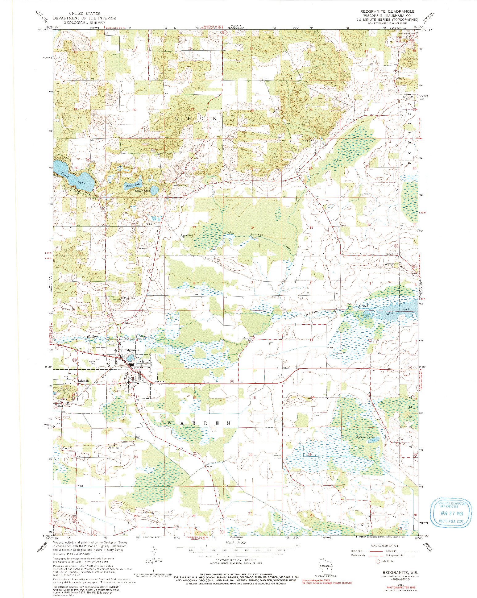 USGS 1:24000-SCALE QUADRANGLE FOR REDGRANITE, WI 1961