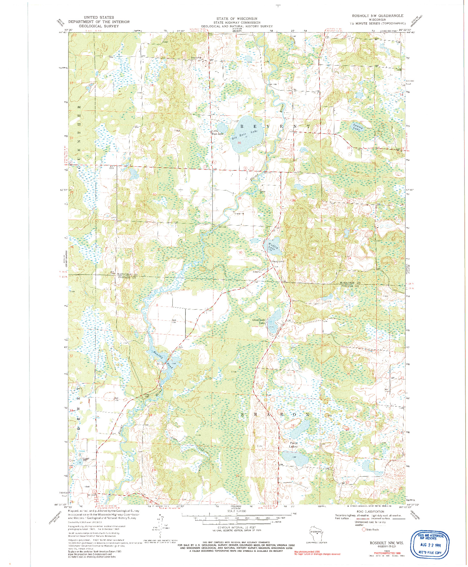 USGS 1:24000-SCALE QUADRANGLE FOR ROSHOLT NW, WI 1969