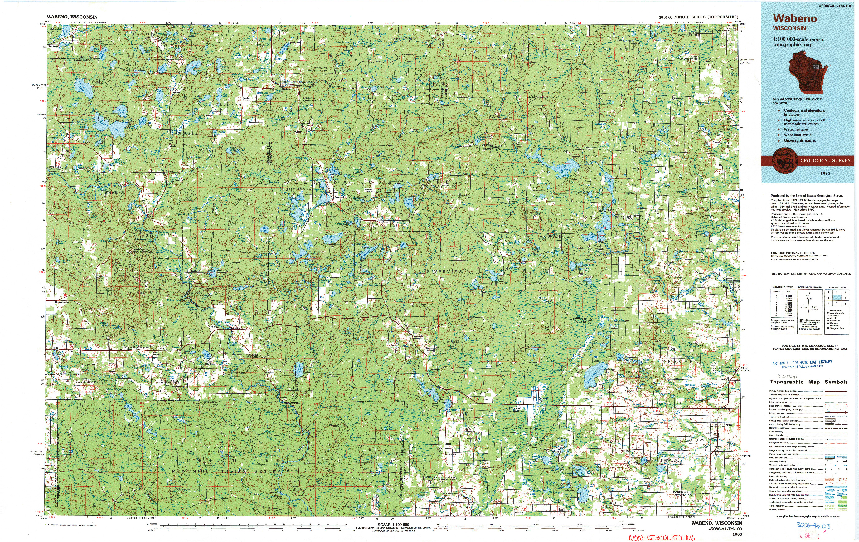 USGS 1:100000-SCALE QUADRANGLE FOR WABENO, WI 1990