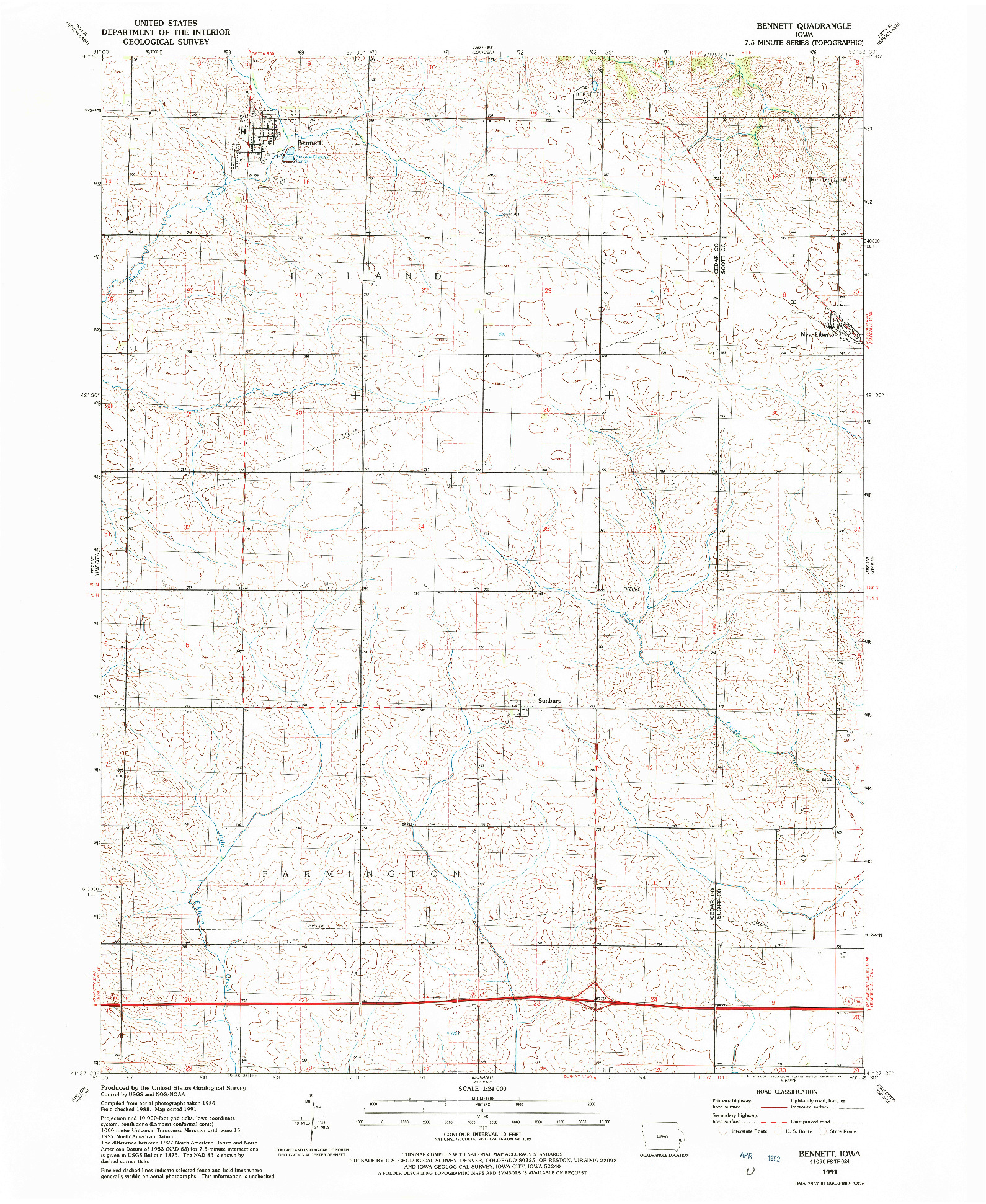 USGS 1:24000-SCALE QUADRANGLE FOR BENNETT, IA 1991