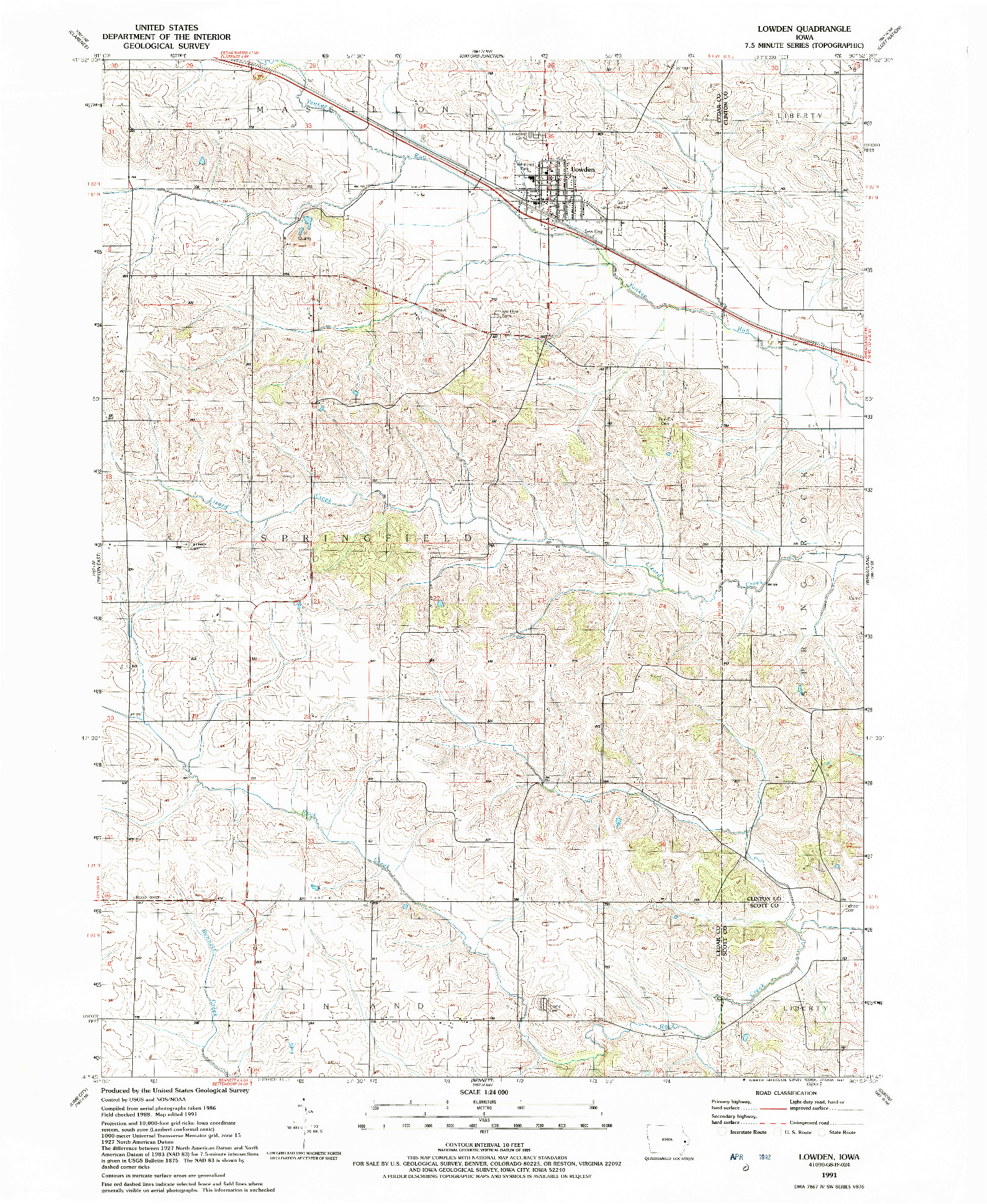USGS 1:24000-SCALE QUADRANGLE FOR LOWDEN, IA 1991