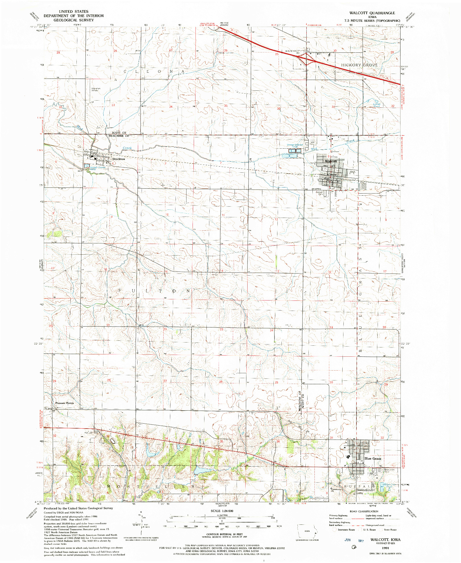 USGS 1:24000-SCALE QUADRANGLE FOR WALCOTT, IA 1991