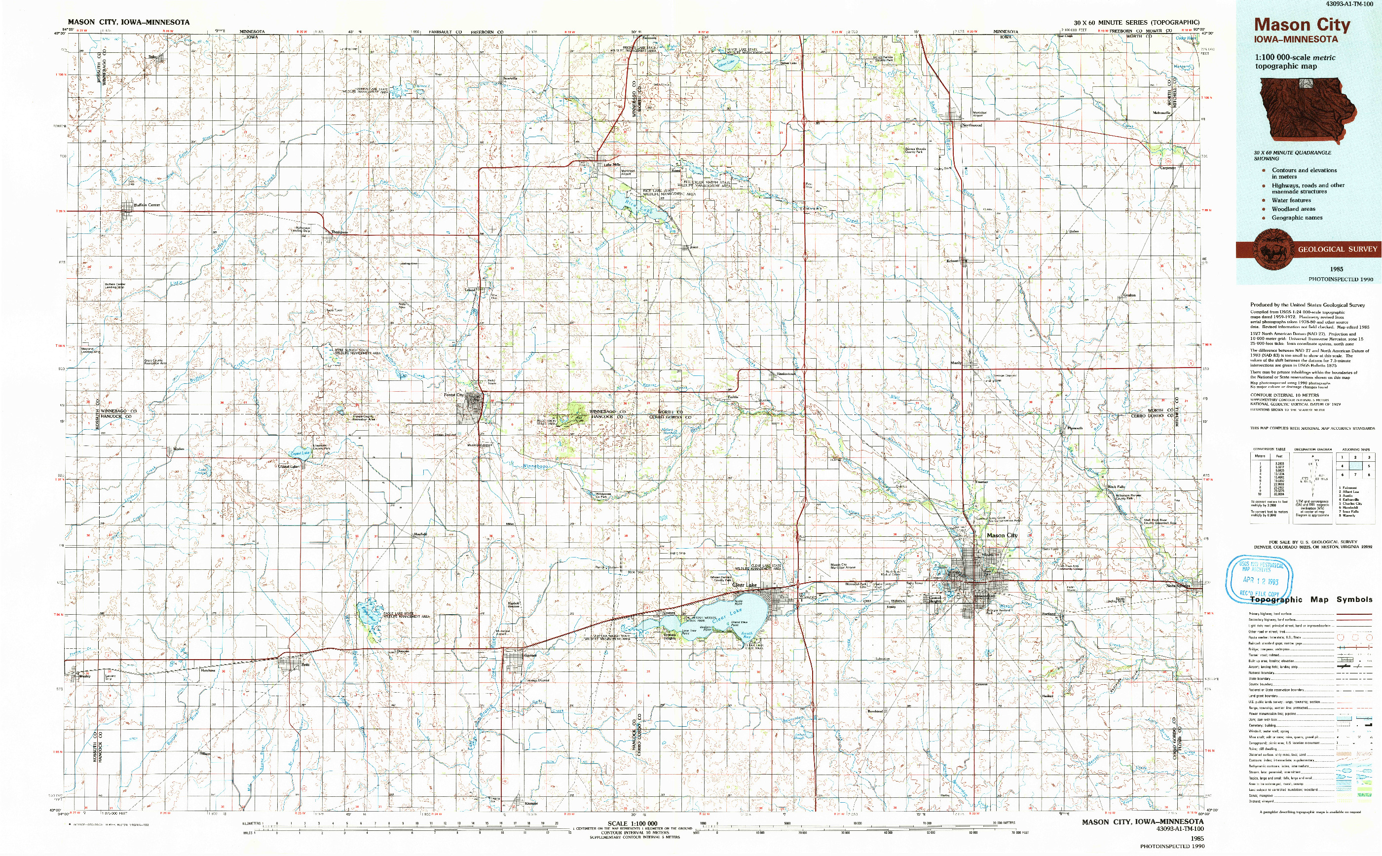 USGS 1:100000-SCALE QUADRANGLE FOR MASON CITY, IA 1985