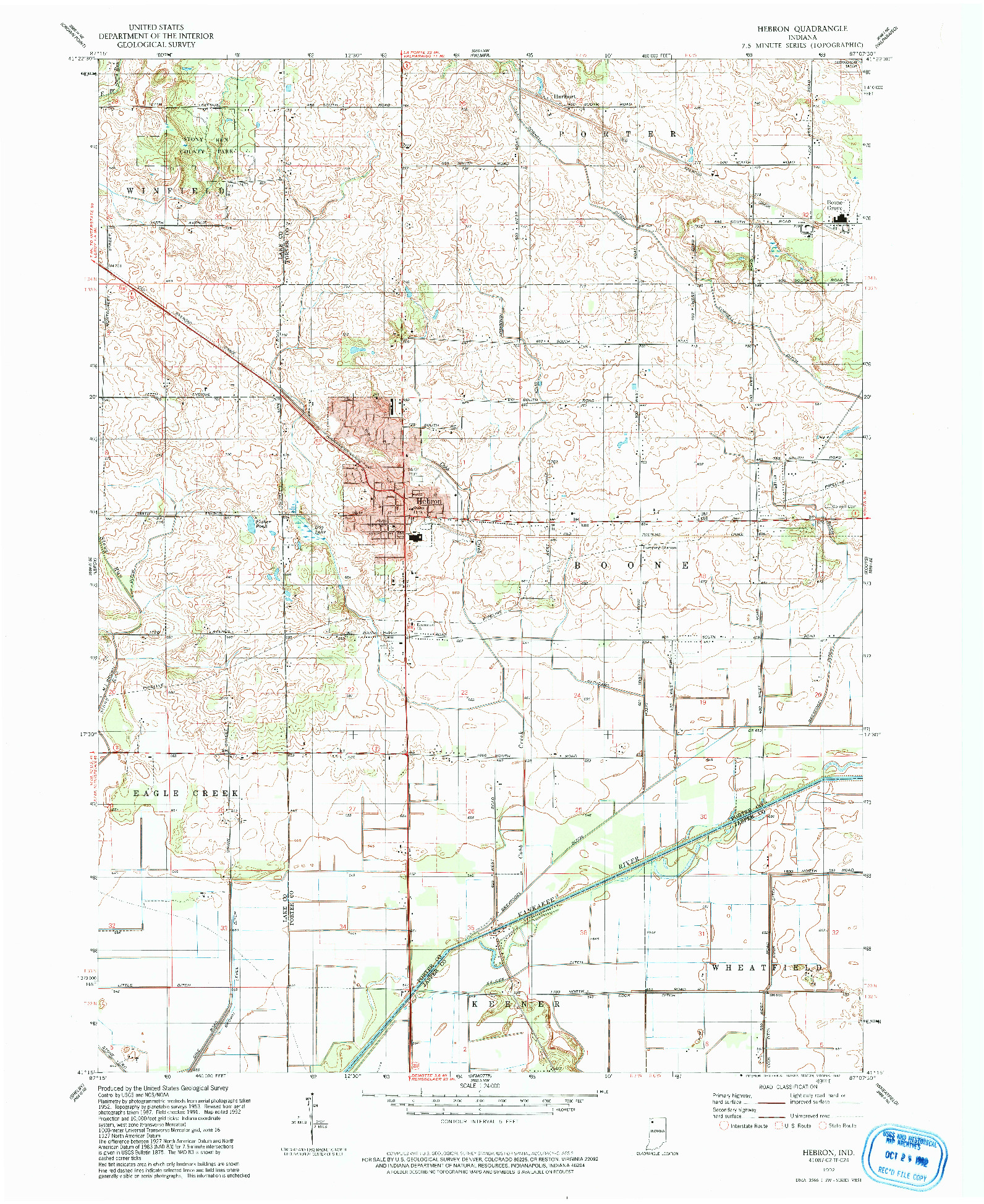 USGS 1:24000-SCALE QUADRANGLE FOR HEBRON, IN 1992