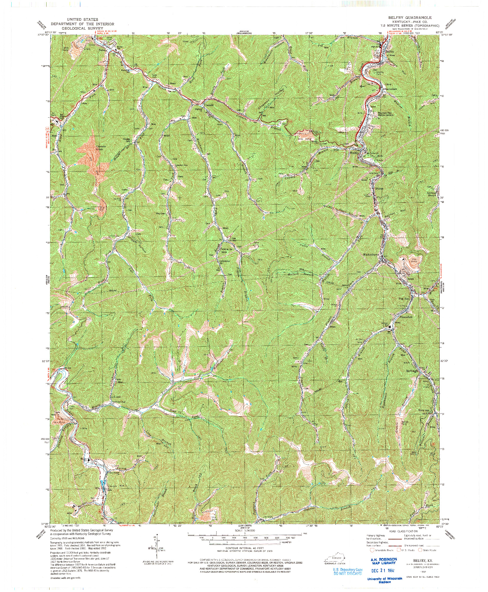 USGS 1:24000-SCALE QUADRANGLE FOR BELFRY, KY 1992