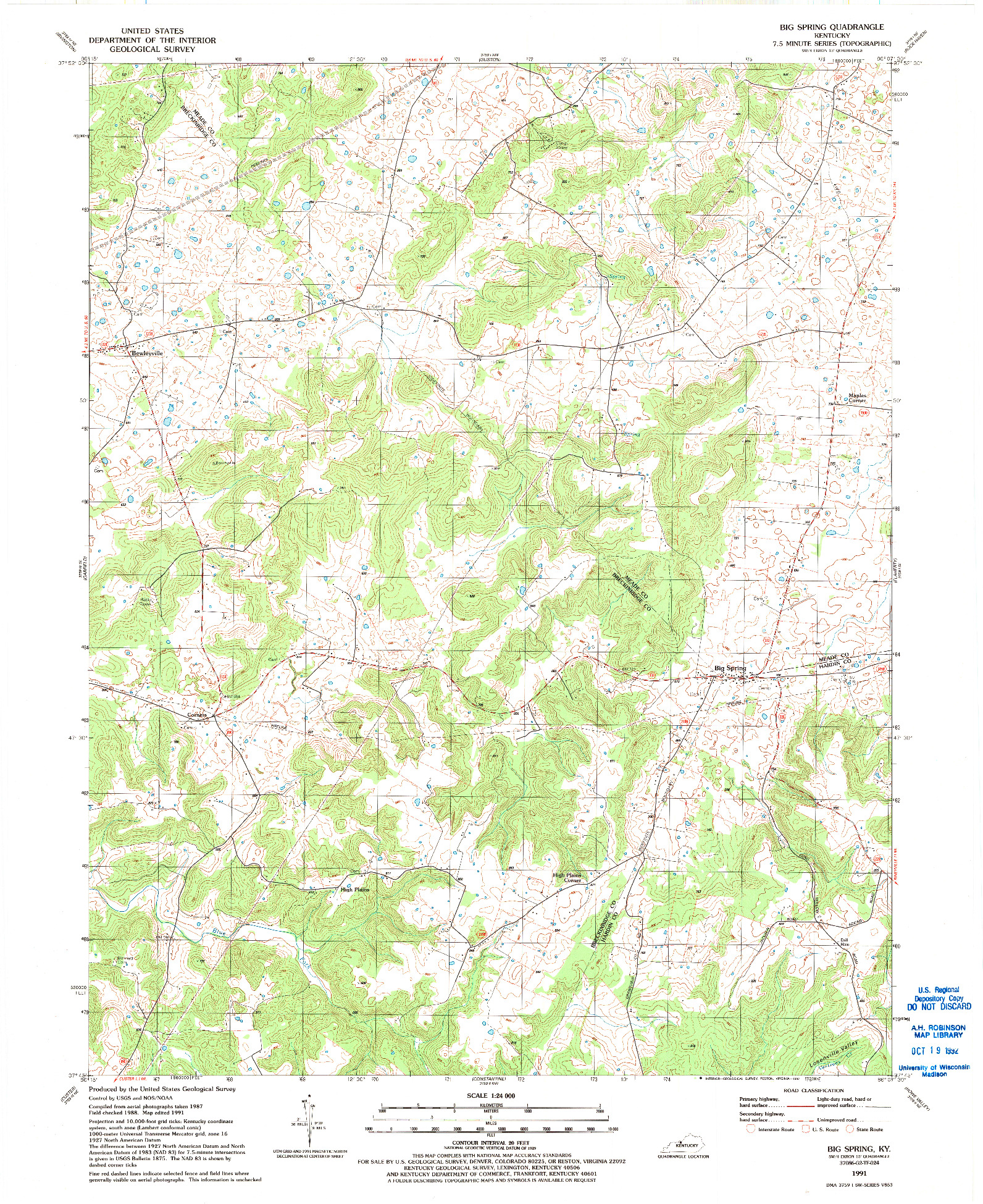 USGS 1:24000-SCALE QUADRANGLE FOR BIG SPRING, KY 1991