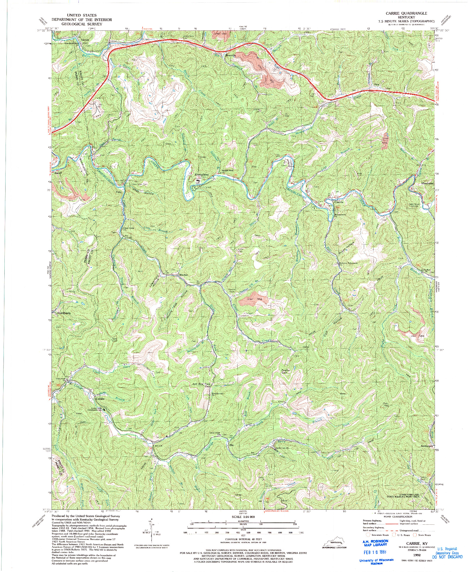 USGS 1:24000-SCALE QUADRANGLE FOR CARRIE, KY 1992