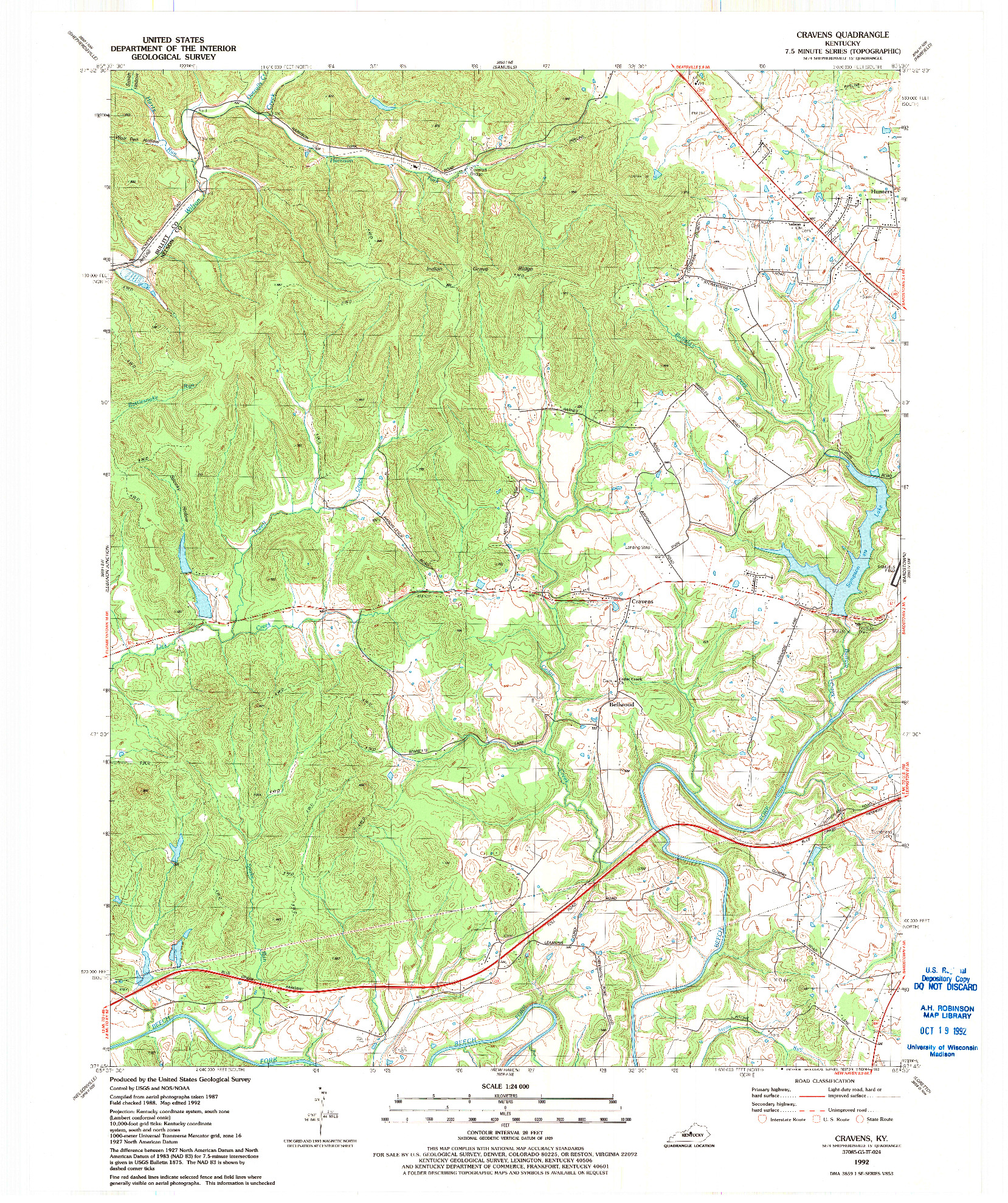 USGS 1:24000-SCALE QUADRANGLE FOR CRAVENS, KY 1992