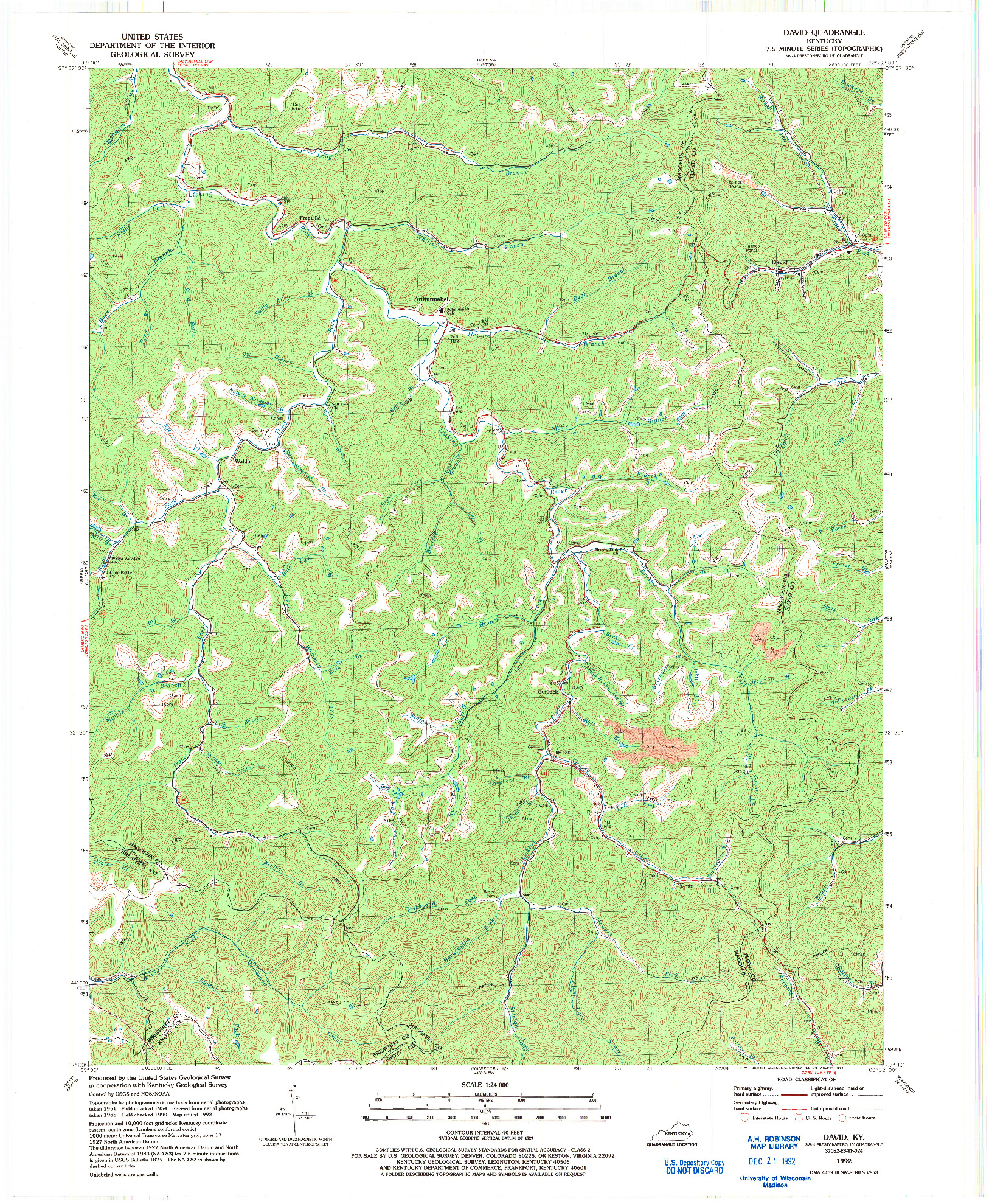 USGS 1:24000-SCALE QUADRANGLE FOR DAVID, KY 1992