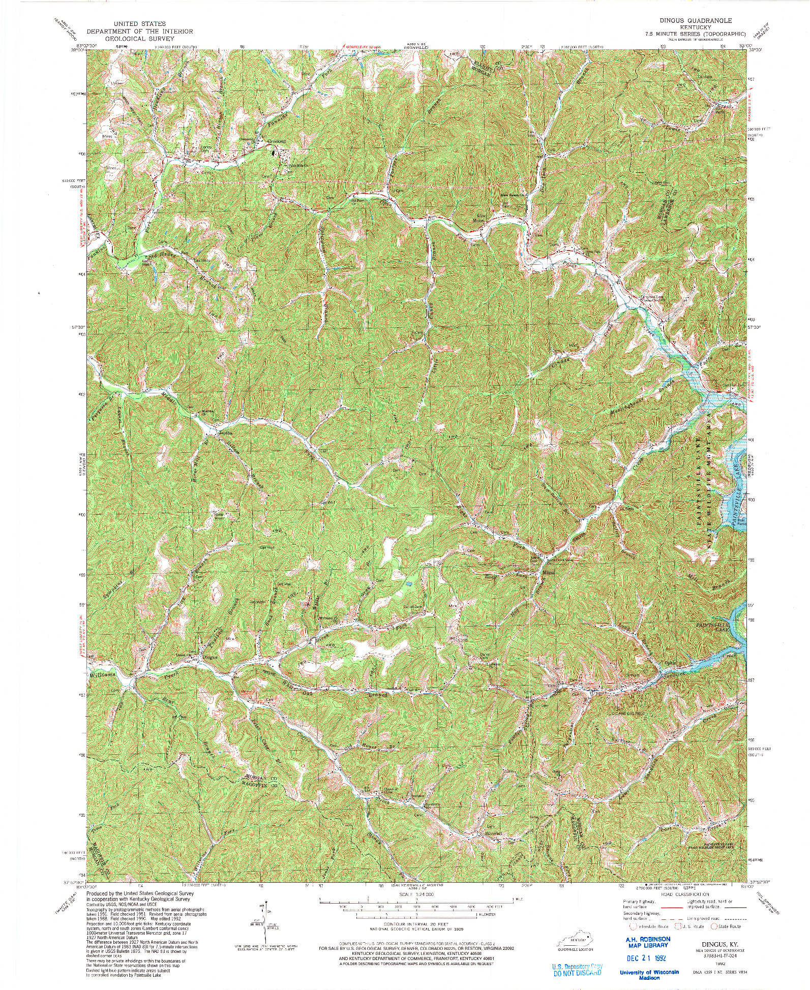 USGS 1:24000-SCALE QUADRANGLE FOR DINGUS, KY 1992