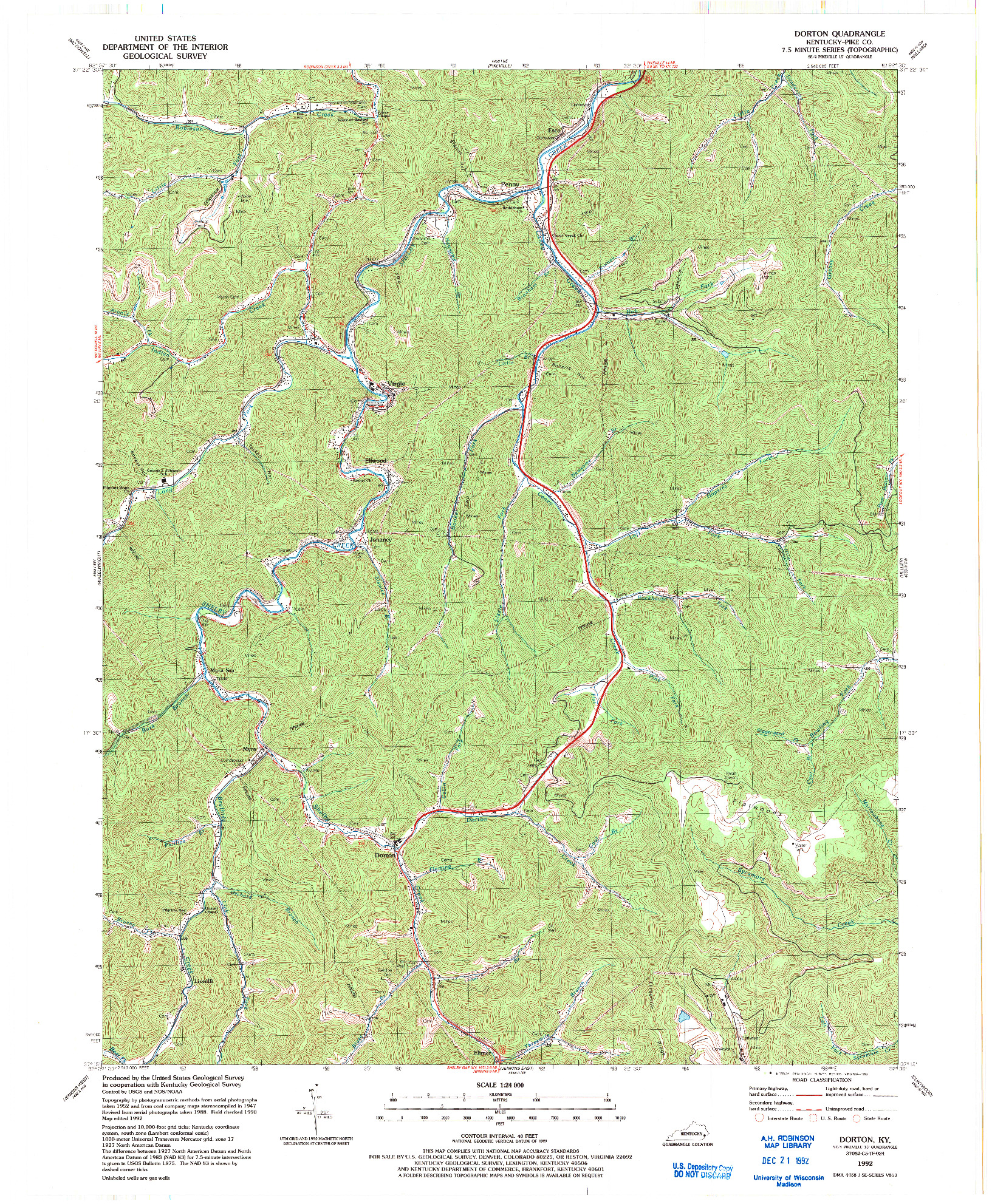USGS 1:24000-SCALE QUADRANGLE FOR DORTON, KY 1992