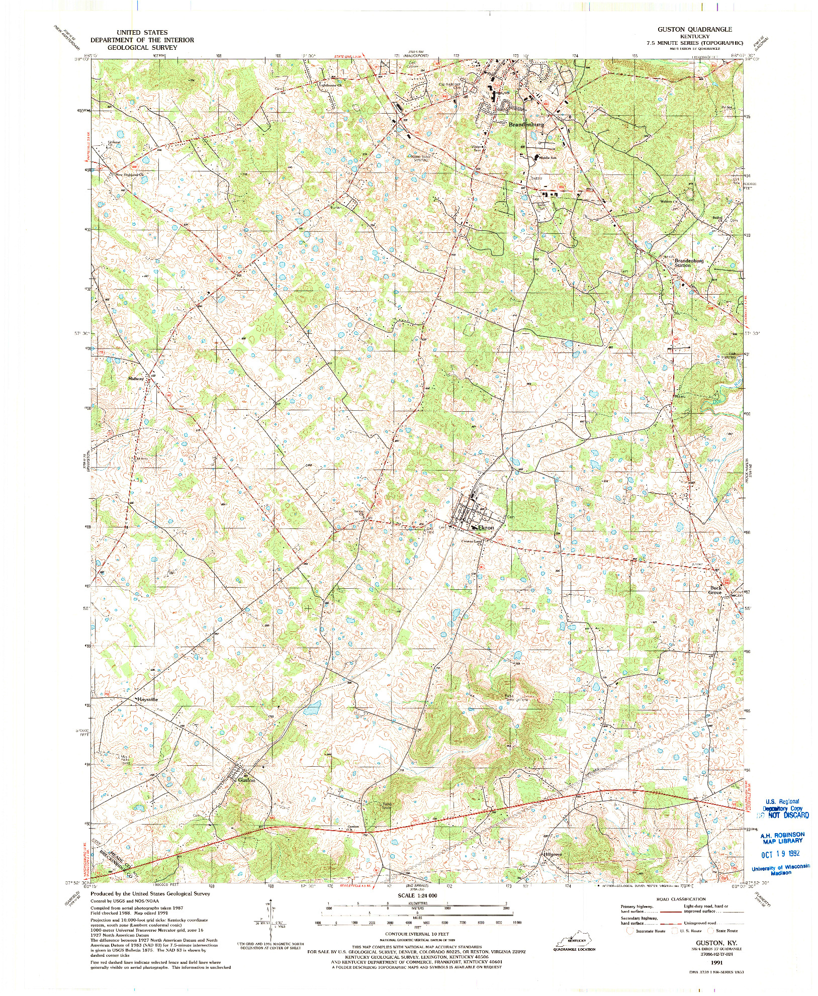 USGS 1:24000-SCALE QUADRANGLE FOR GUSTON, KY 1991