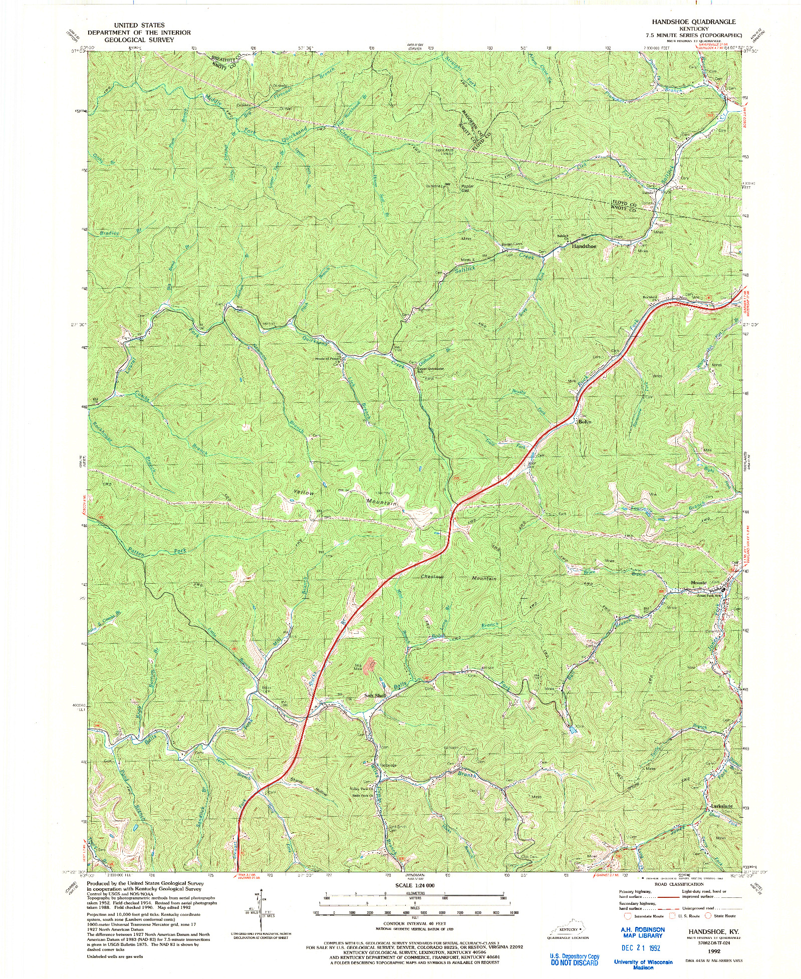 USGS 1:24000-SCALE QUADRANGLE FOR HANDSHOE, KY 1992