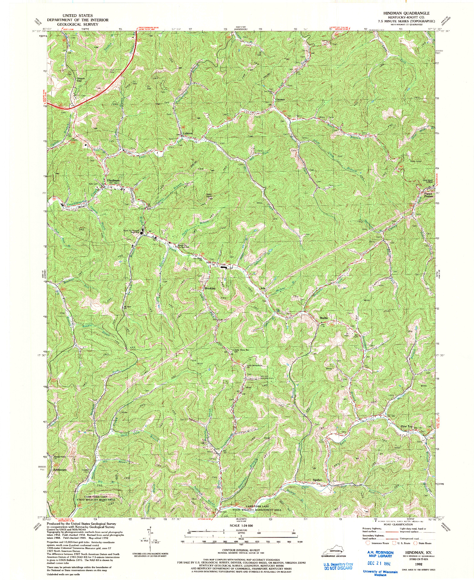USGS 1:24000-SCALE QUADRANGLE FOR HINDMAN, KY 1992