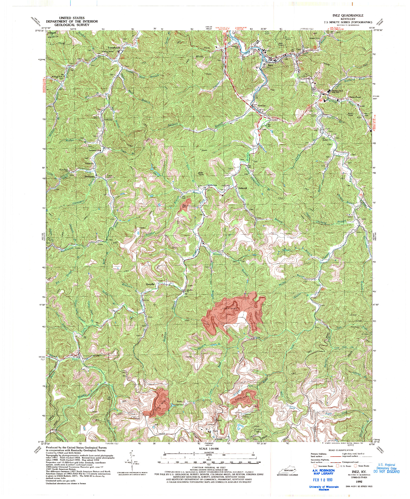 USGS 1:24000-SCALE QUADRANGLE FOR INEZ, KY 1992