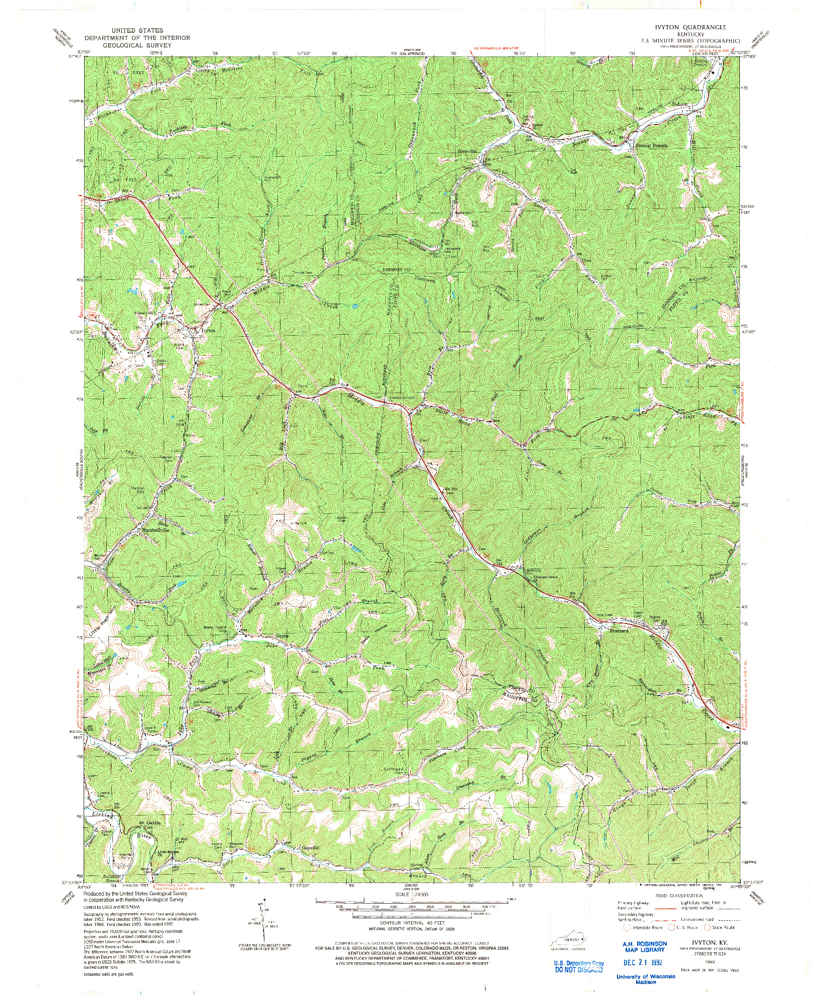 USGS 1:24000-SCALE QUADRANGLE FOR IVYTON, KY 1992