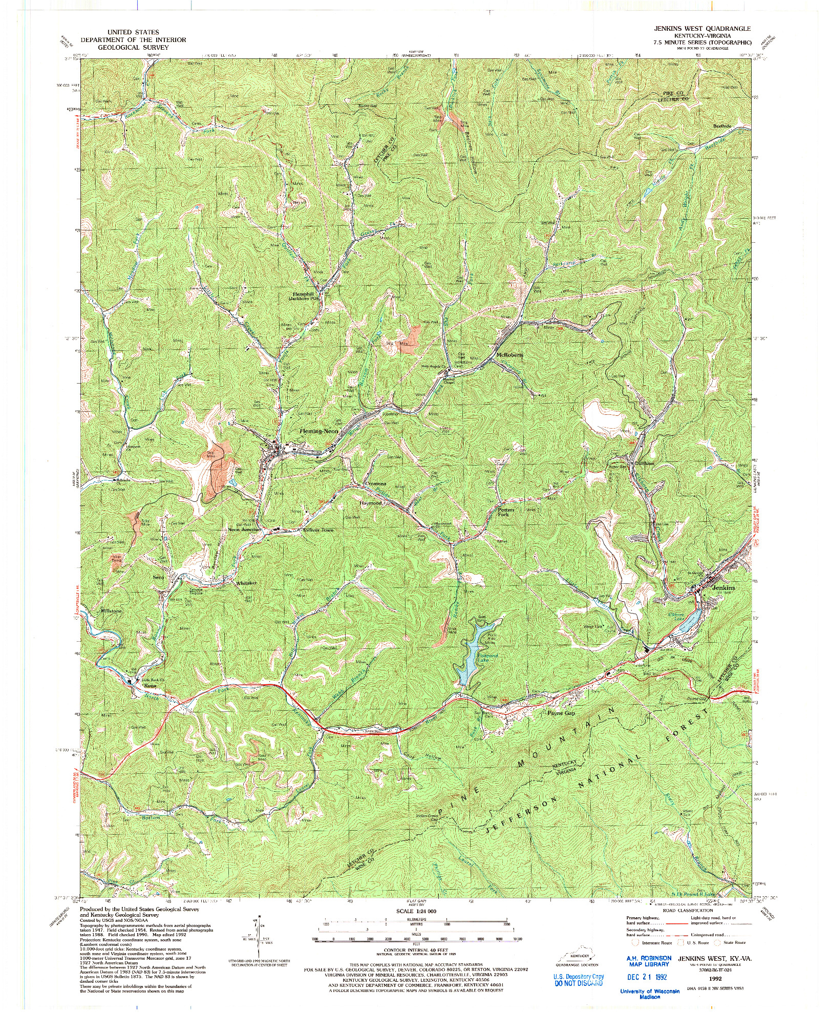 USGS 1:24000-SCALE QUADRANGLE FOR JENKINS WEST, KY 1992