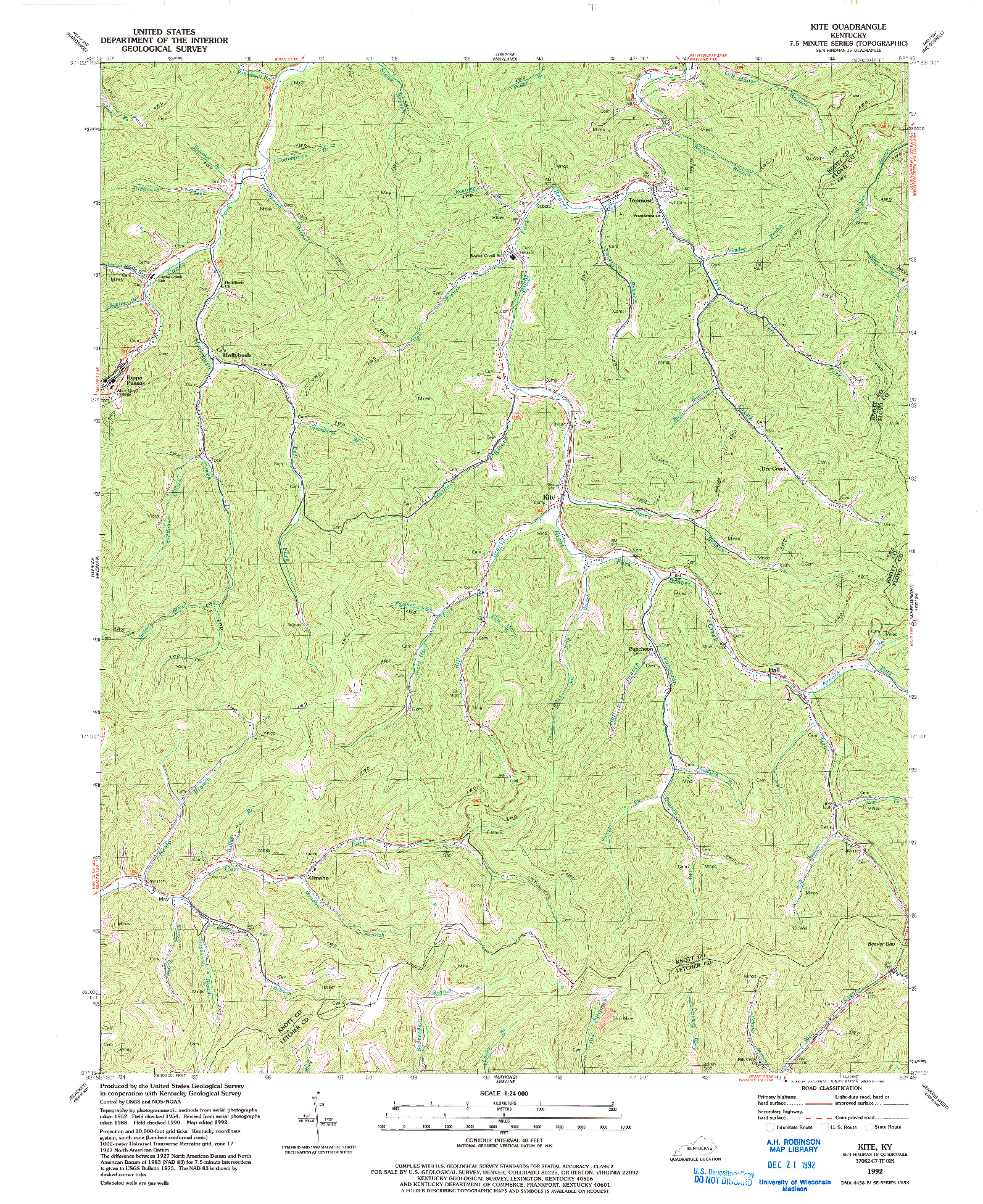 USGS 1:24000-SCALE QUADRANGLE FOR KITE, KY 1992