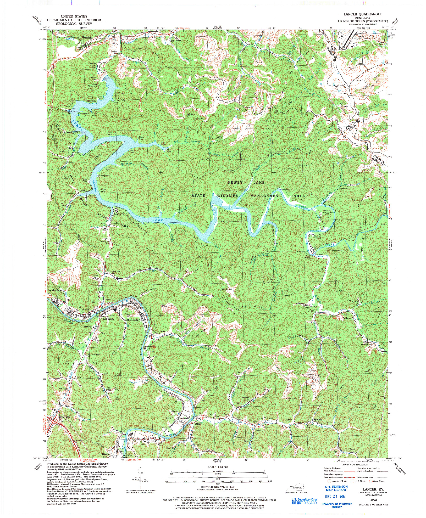 USGS 1:24000-SCALE QUADRANGLE FOR LANCER, KY 1992
