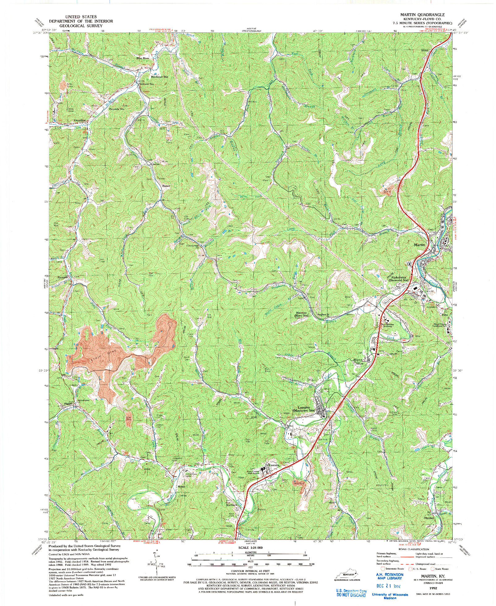 USGS 1:24000-SCALE QUADRANGLE FOR MARTIN, KY 1992