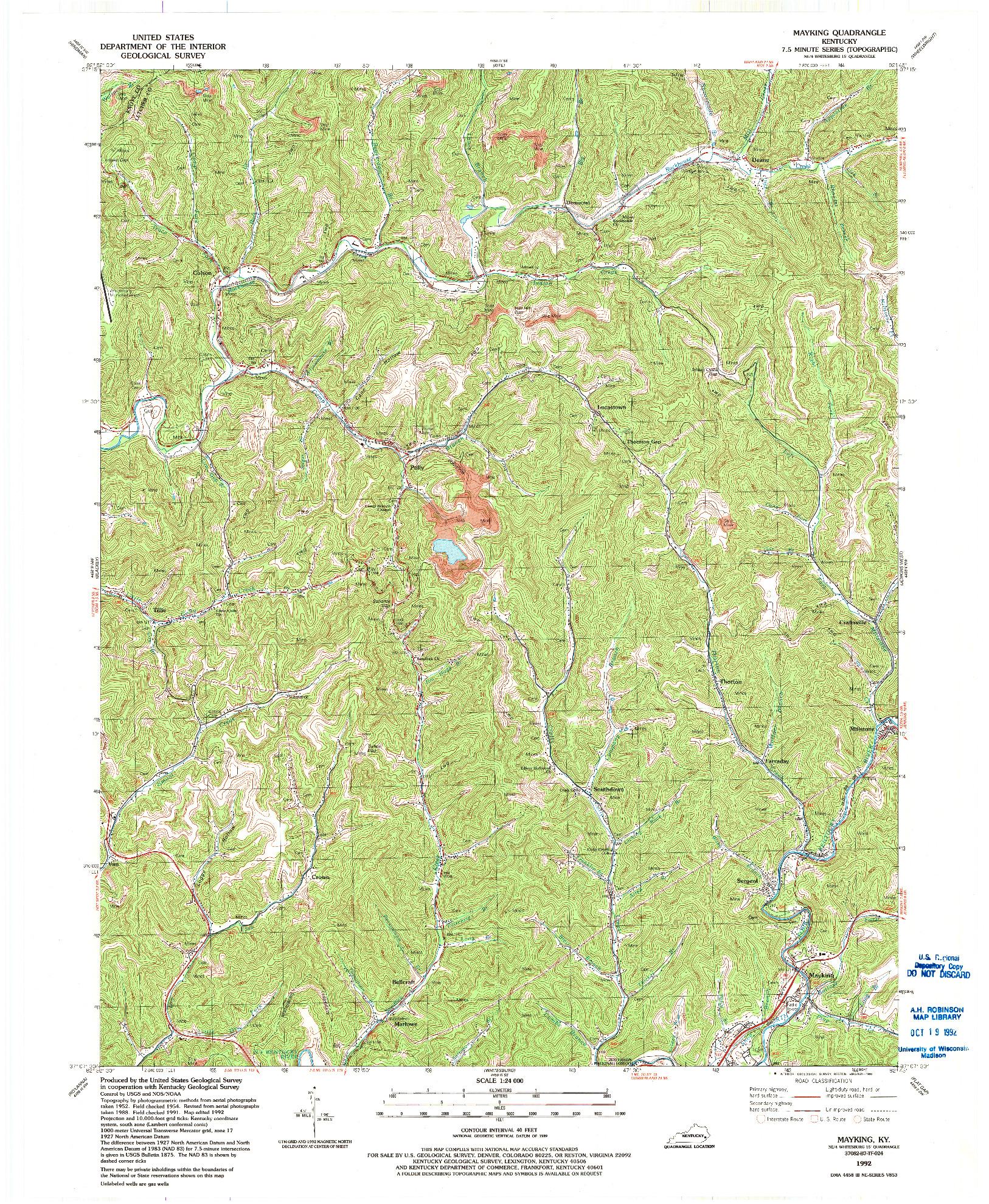 USGS 1:24000-SCALE QUADRANGLE FOR MAYKING, KY 1992