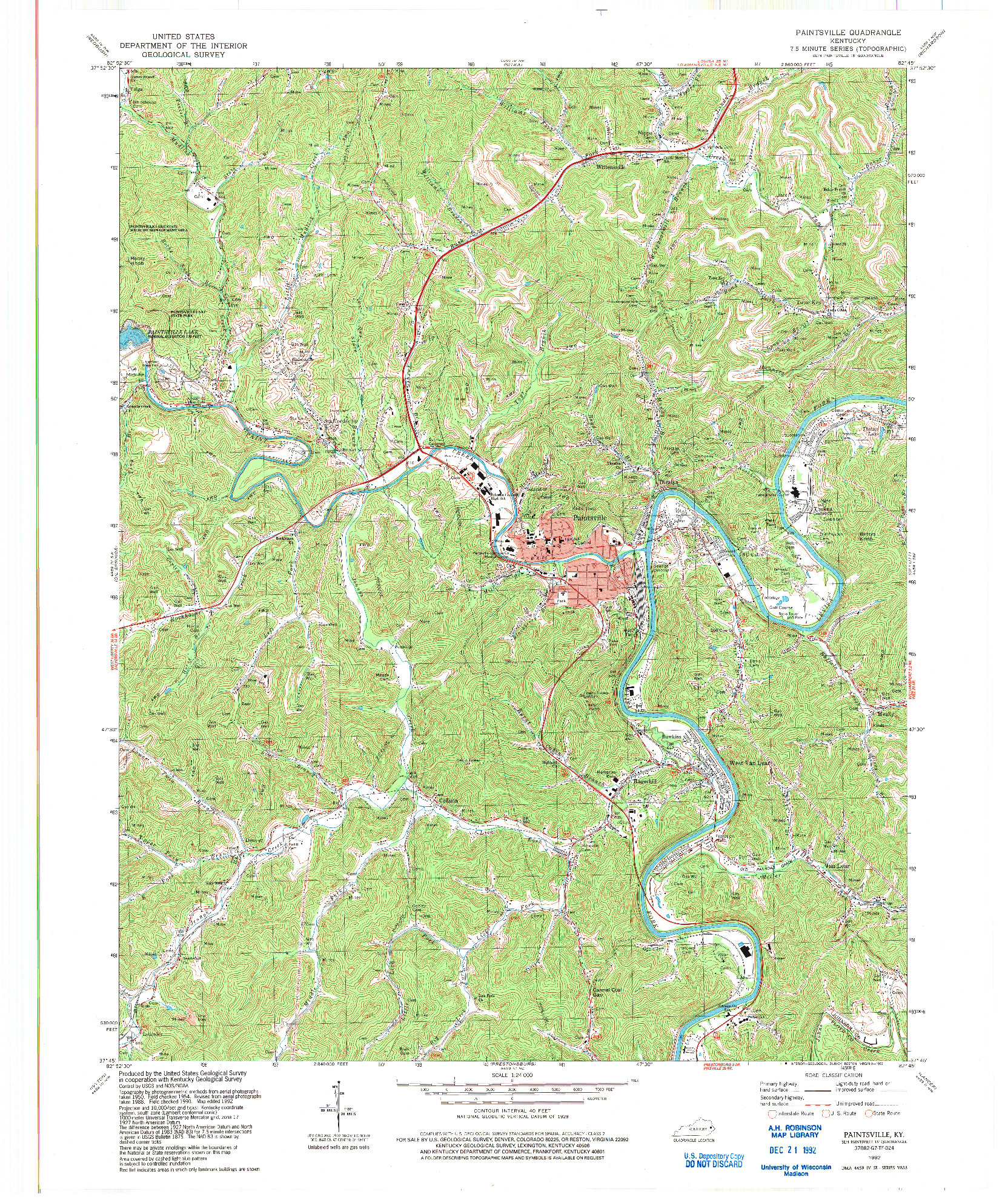 USGS 1:24000-SCALE QUADRANGLE FOR PAINTSVILLE, KY 1992