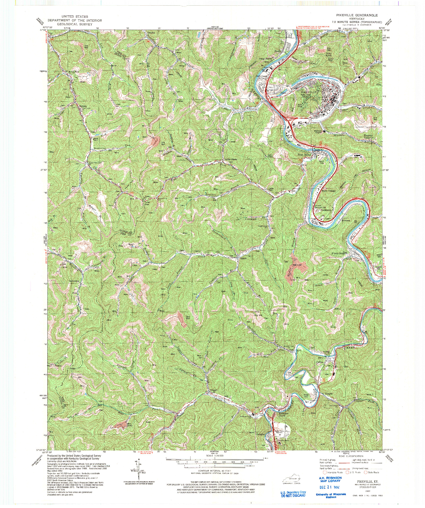 USGS 1:24000-SCALE QUADRANGLE FOR PIKEVILLE, KY 1992