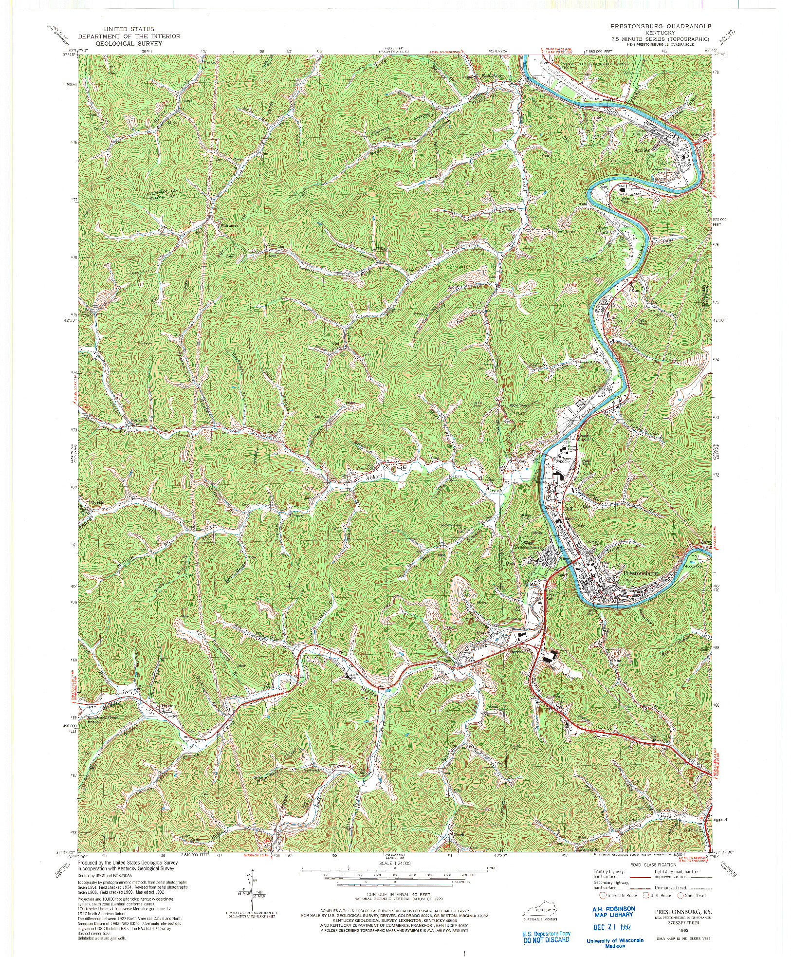 USGS 1:24000-SCALE QUADRANGLE FOR PRESTONSBURG, KY 1992