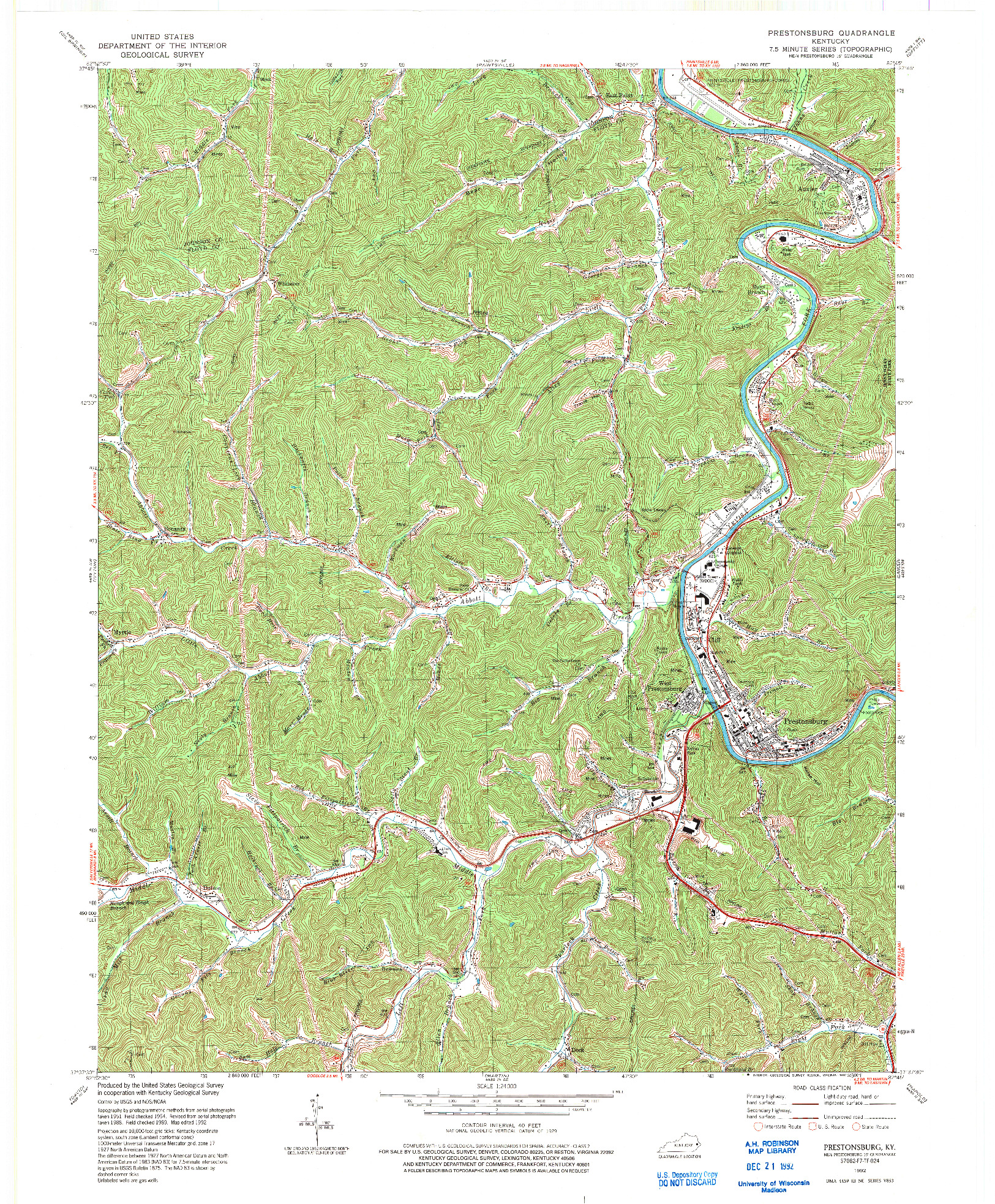 USGS 1:24000-SCALE QUADRANGLE FOR PRESTONSBURG, KY 1992