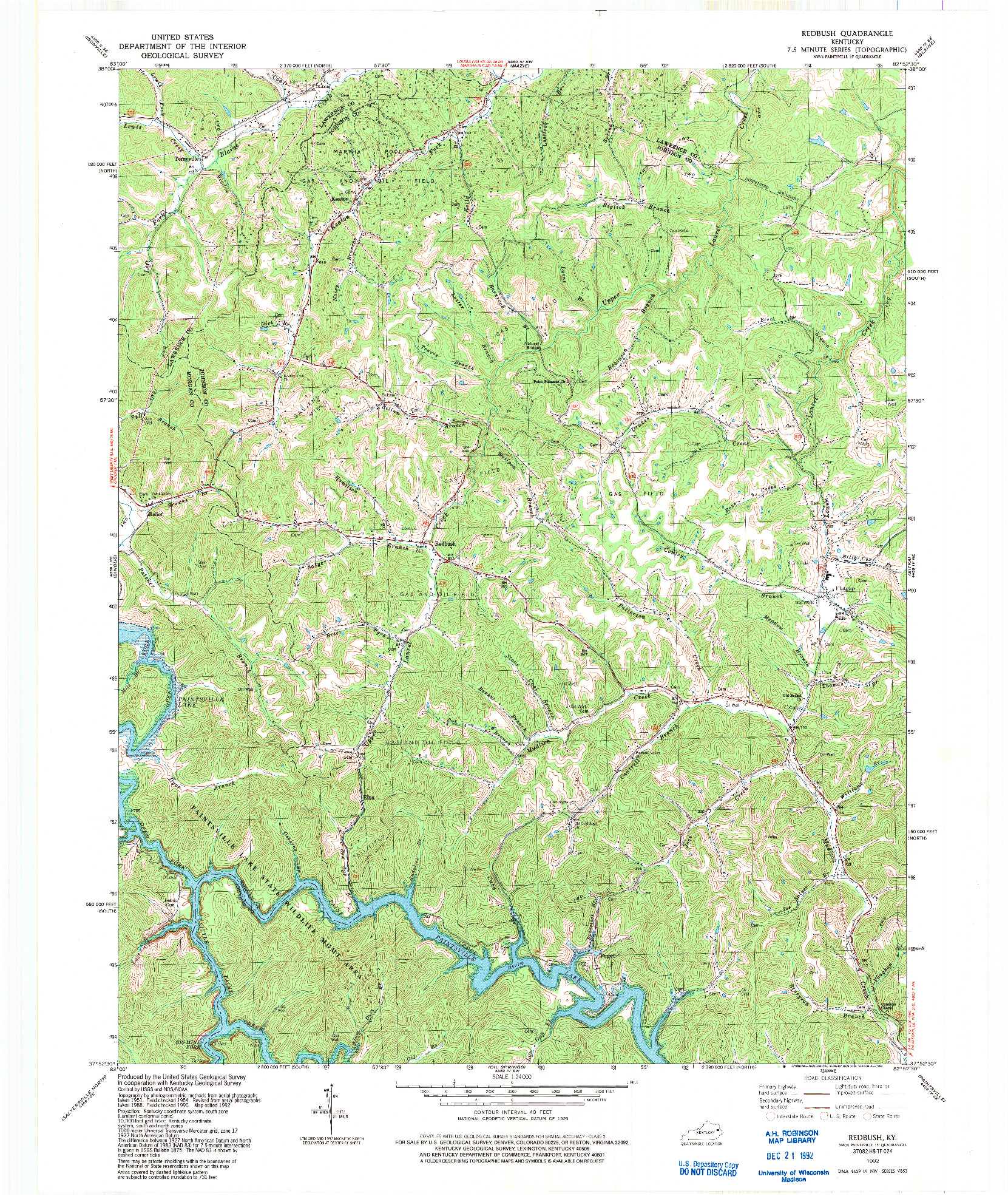 USGS 1:24000-SCALE QUADRANGLE FOR REDBUSH, KY 1992
