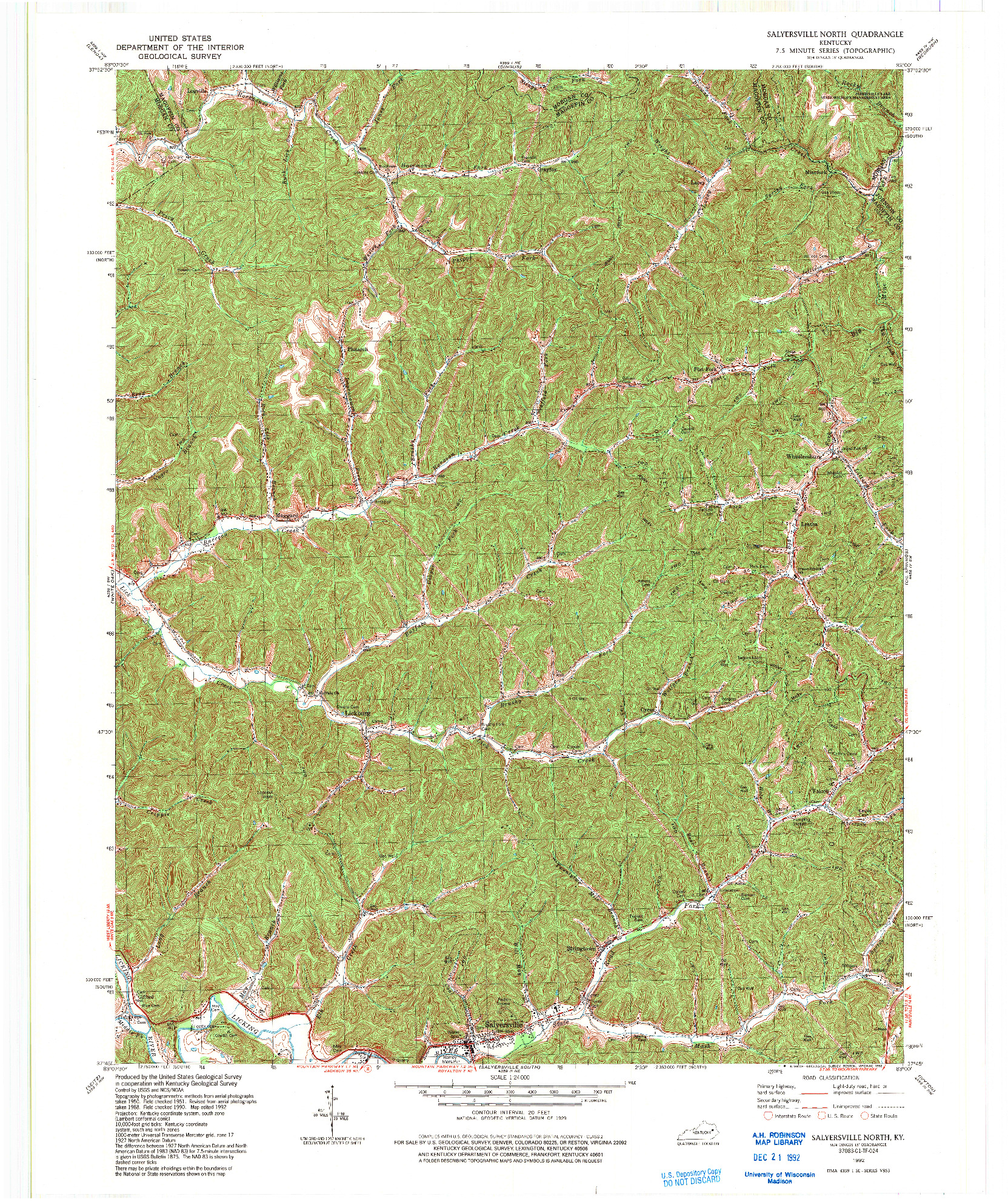 USGS 1:24000-SCALE QUADRANGLE FOR SALYERSVILLE NORTH, KY 1992