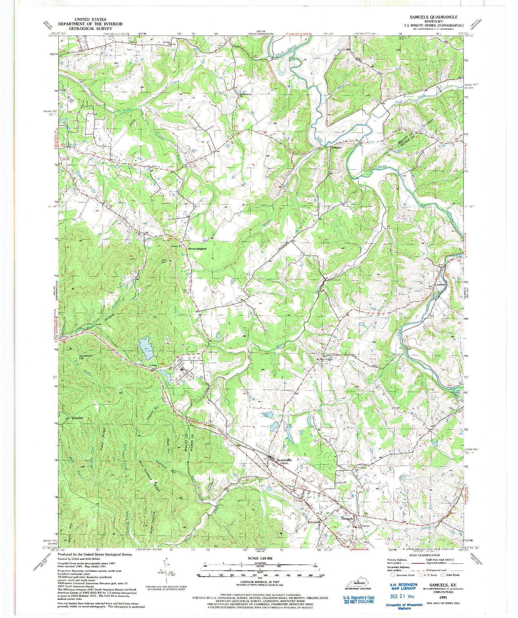 USGS 1:24000-SCALE QUADRANGLE FOR SAMUELS, KY 1991