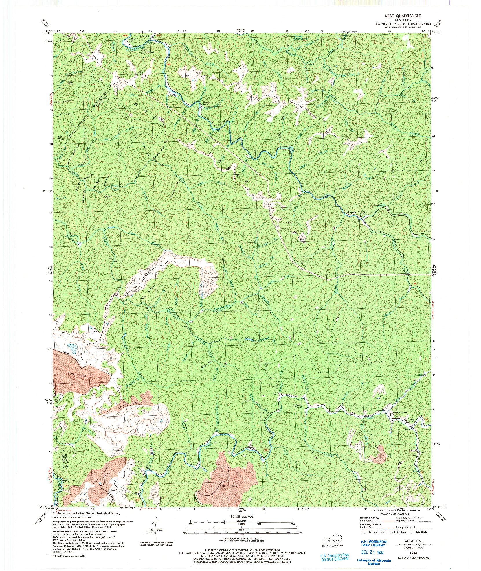 USGS 1:24000-SCALE QUADRANGLE FOR VEST, KY 1992
