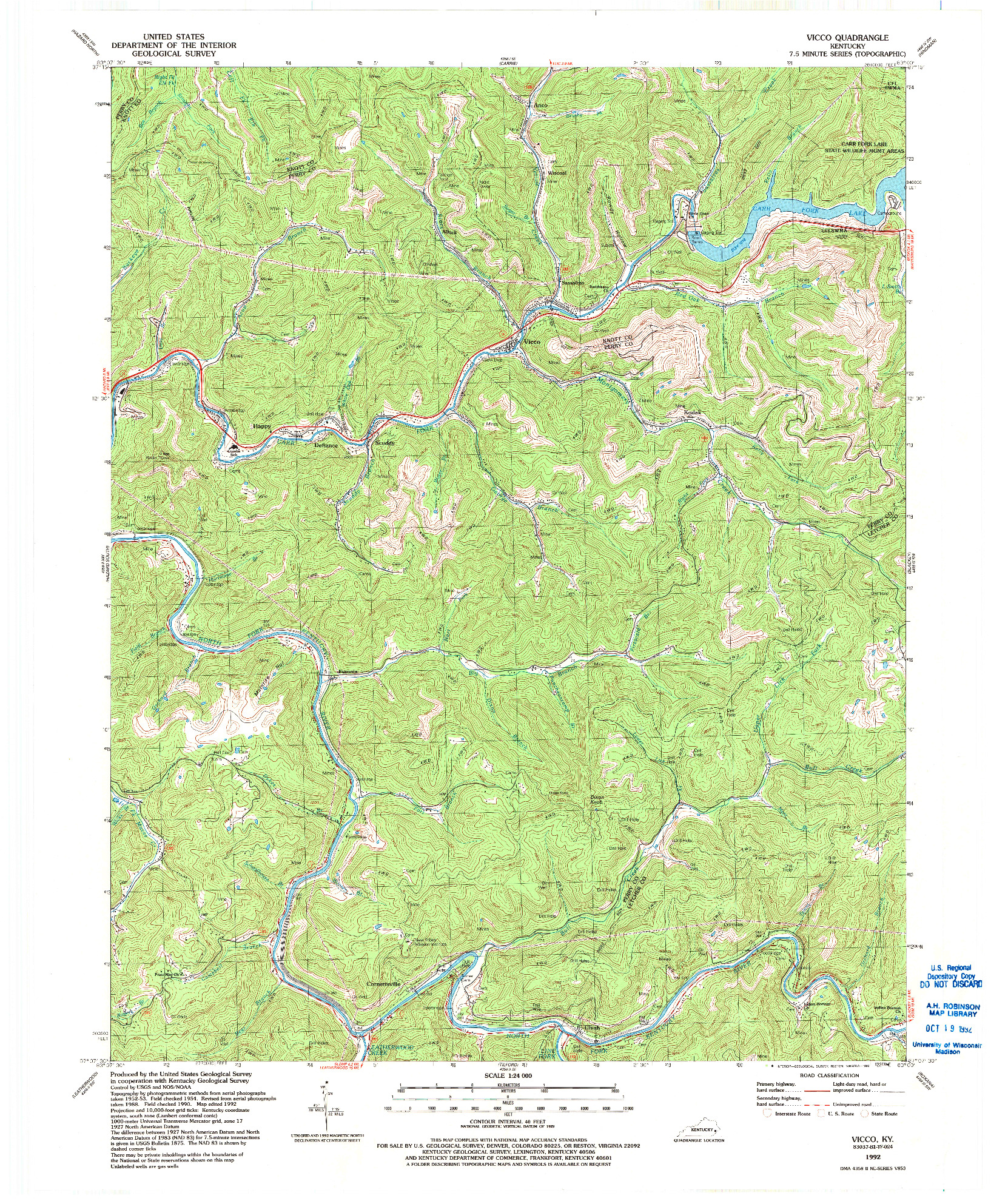 USGS 1:24000-SCALE QUADRANGLE FOR VICCO, KY 1992