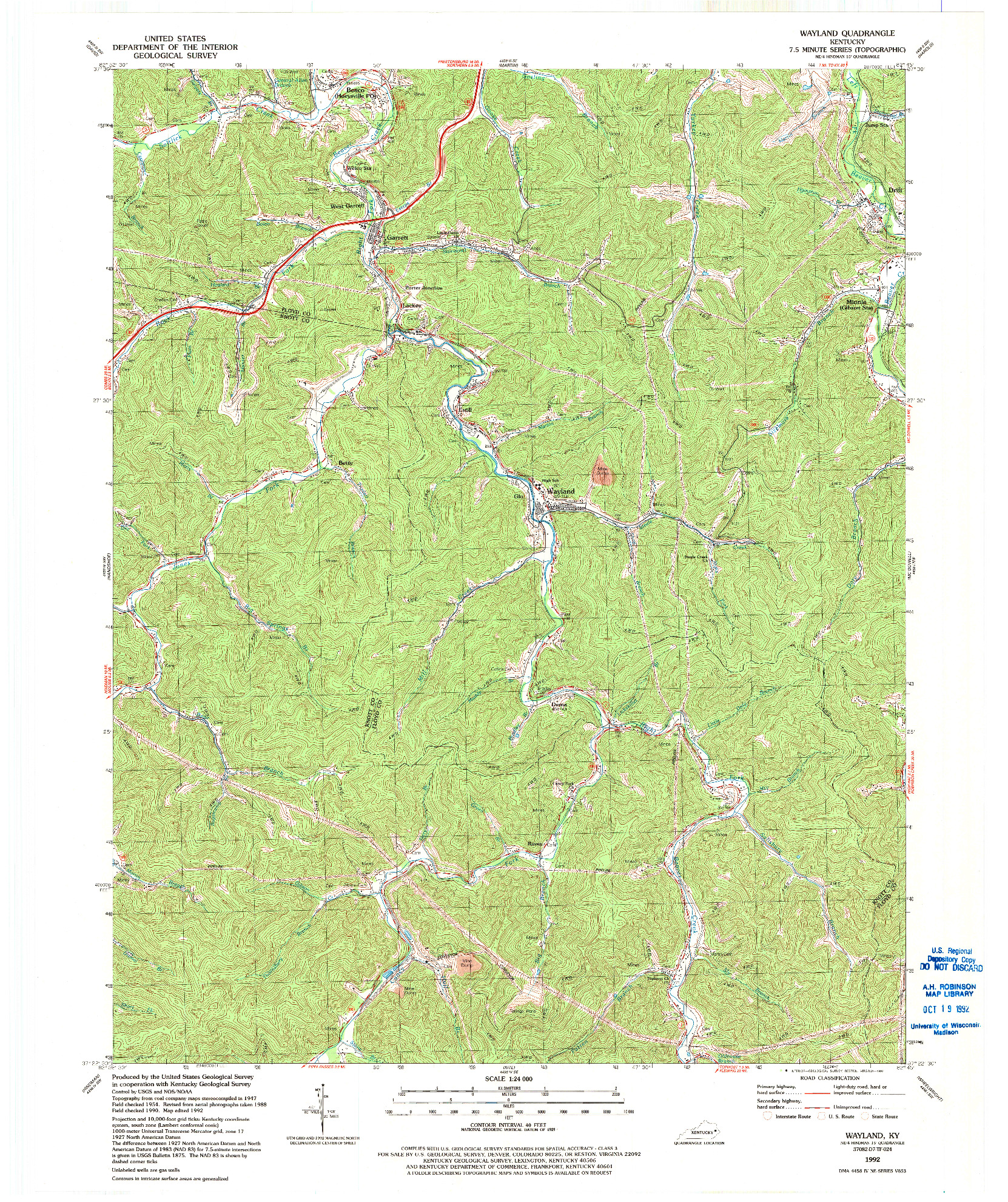 USGS 1:24000-SCALE QUADRANGLE FOR WAYLAND, KY 1992