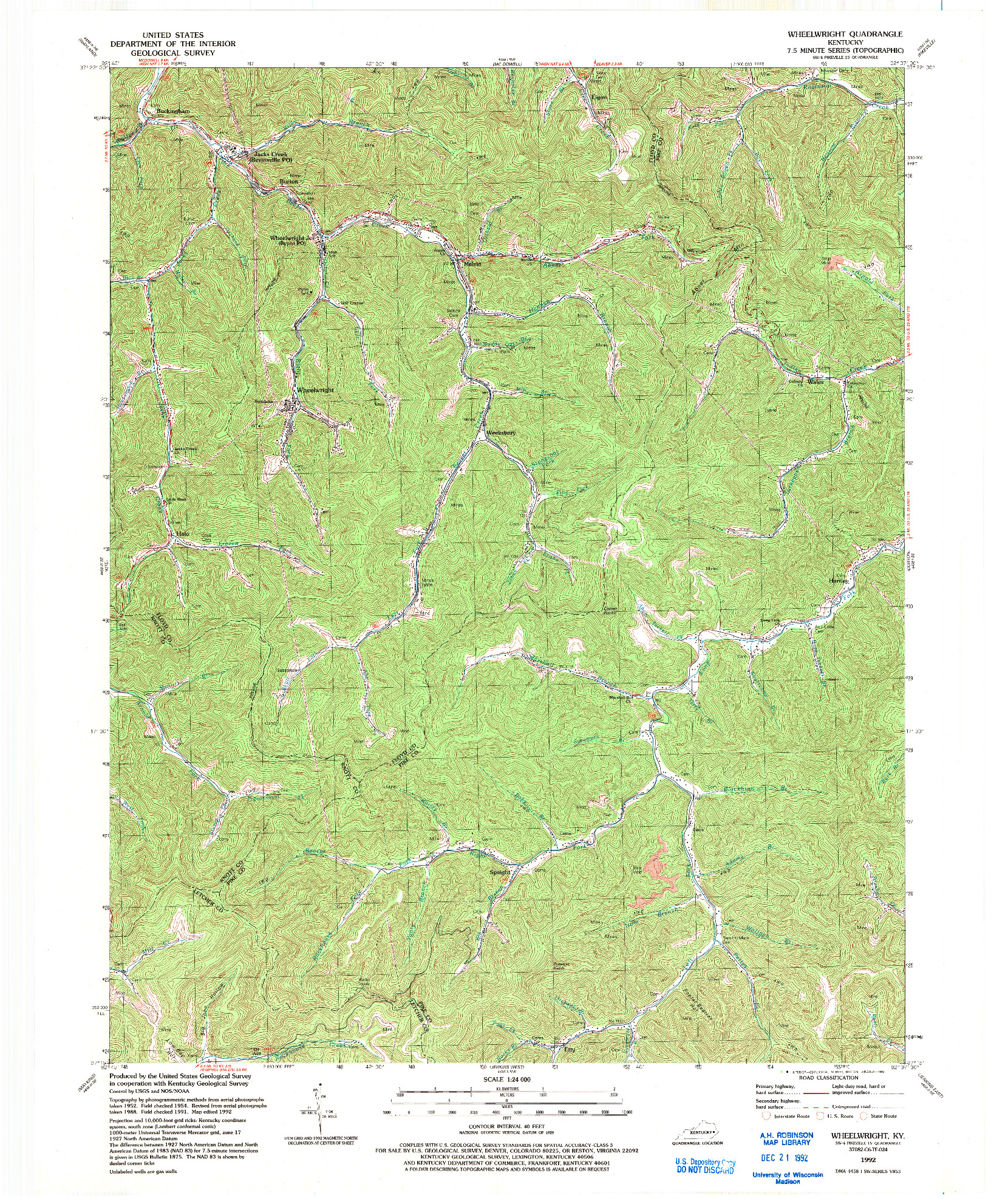 USGS 1:24000-SCALE QUADRANGLE FOR WHEELWRIGHT, KY 1992