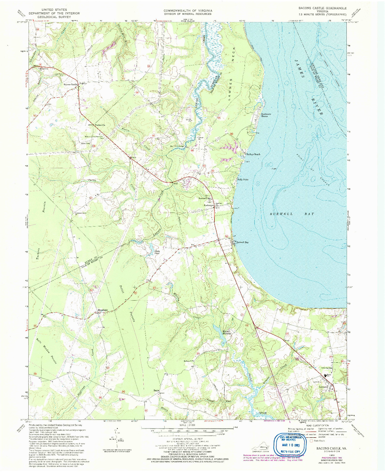 USGS 1:24000-SCALE QUADRANGLE FOR BACONS CASTLE, VA 1969