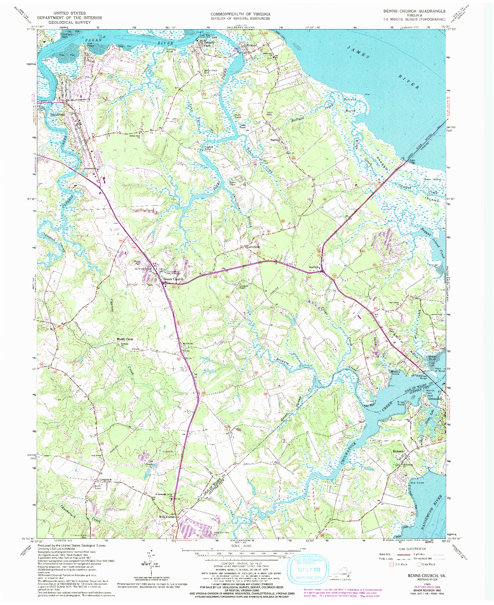 USGS 1:24000-SCALE QUADRANGLE FOR BENNS CHURCH, VA 1965