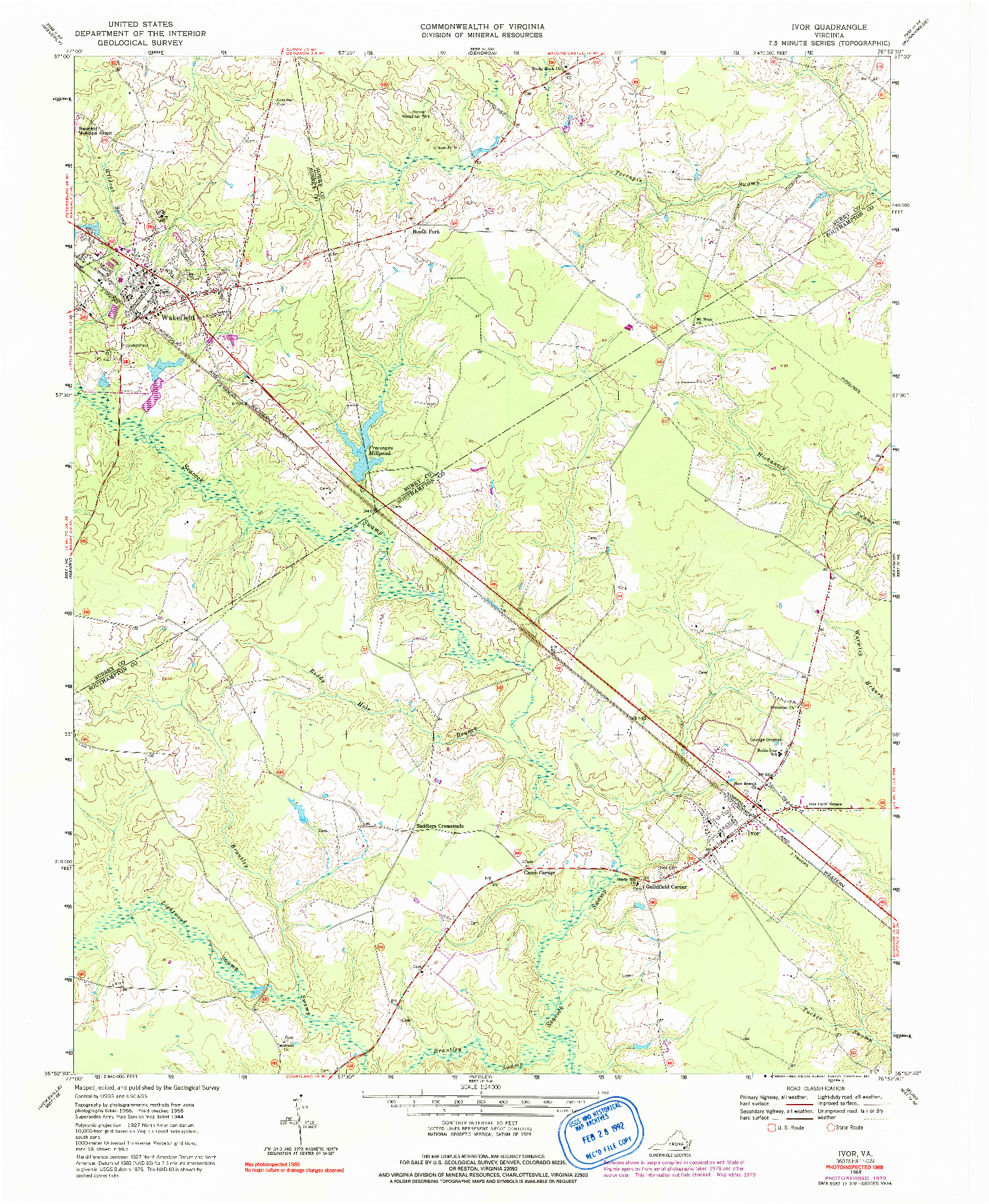 USGS 1:24000-SCALE QUADRANGLE FOR IVOR, VA 1968