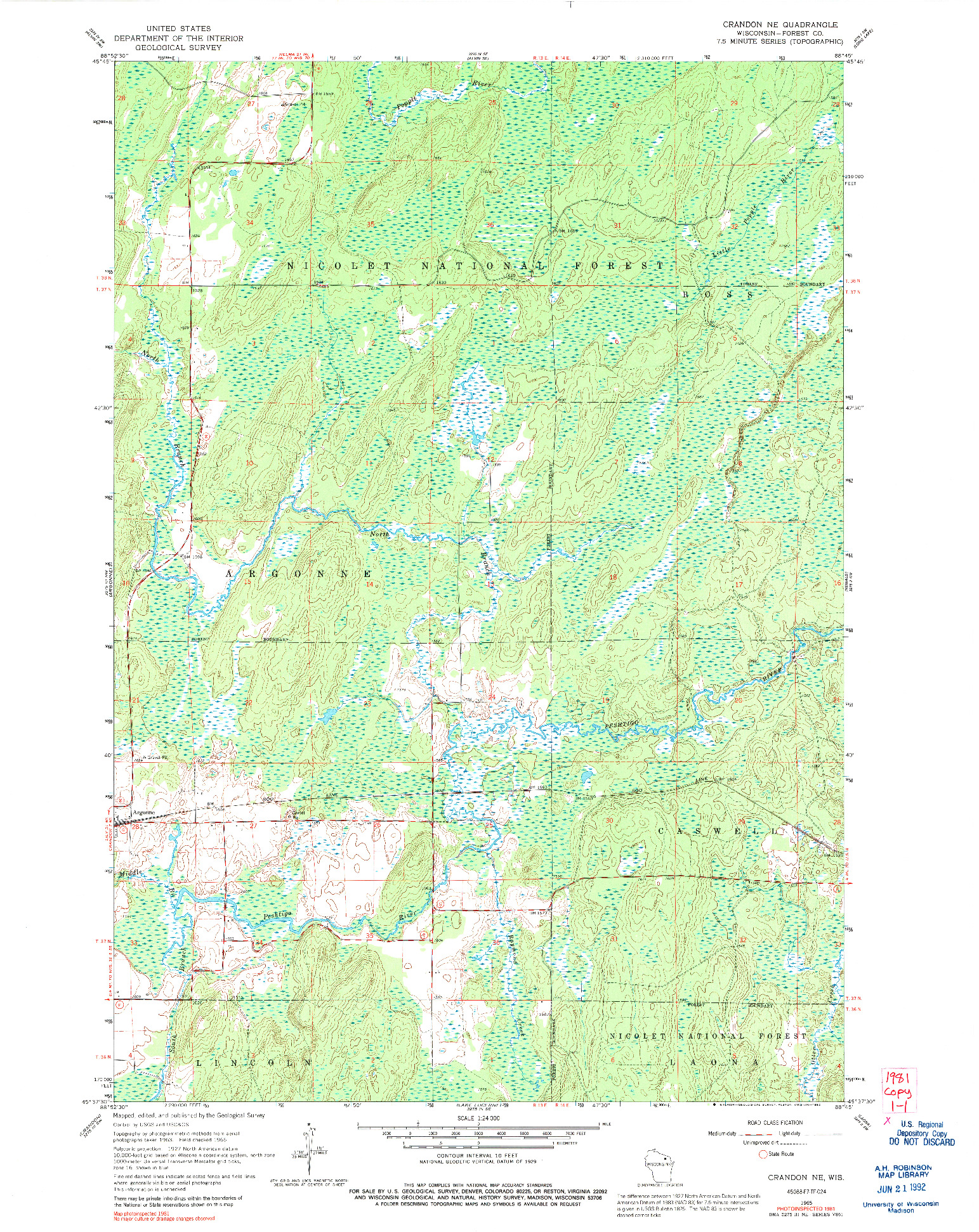 USGS 1:24000-SCALE QUADRANGLE FOR CRANDON NE, WI 1965