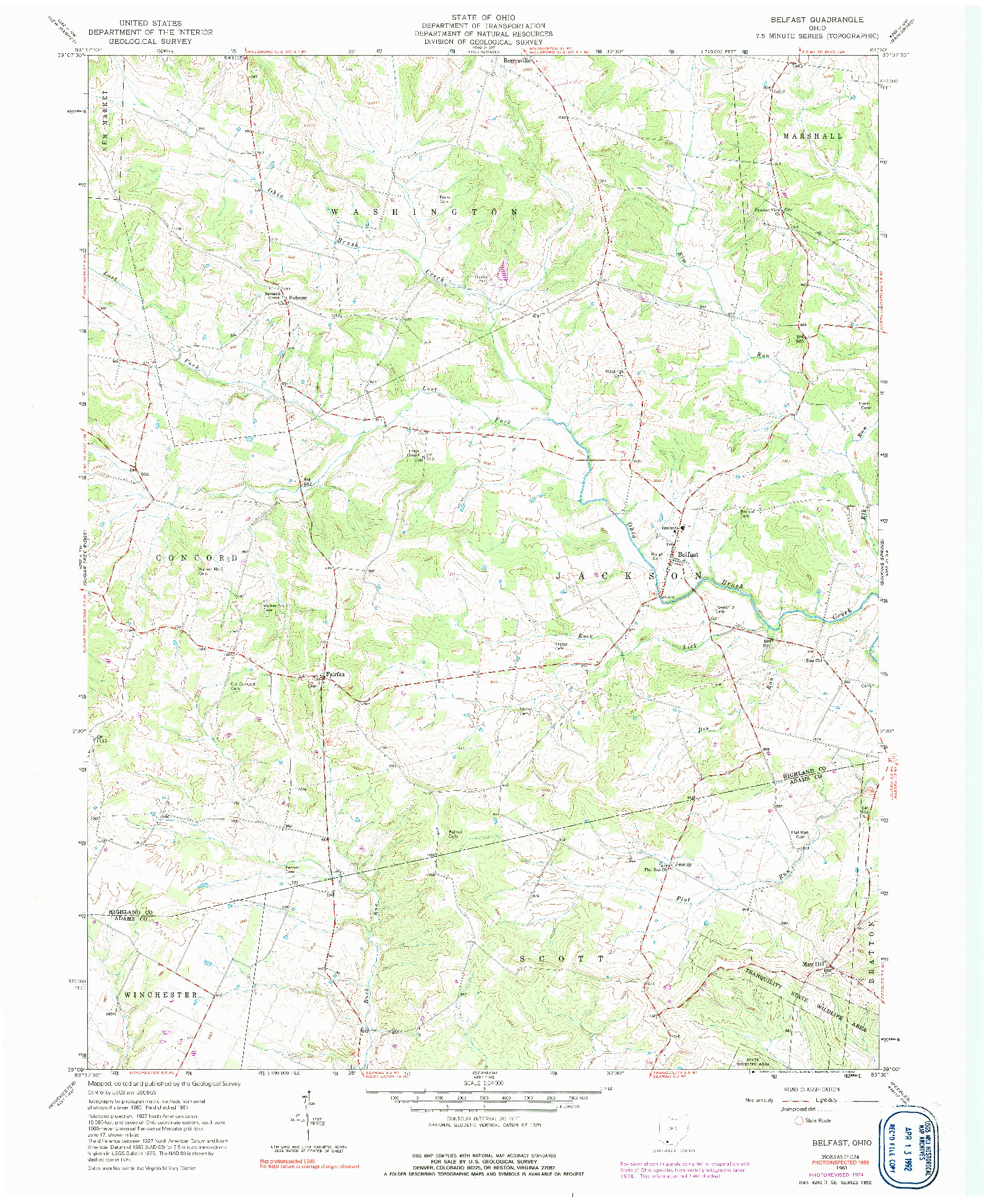 USGS 1:24000-SCALE QUADRANGLE FOR BELFAST, OH 1961