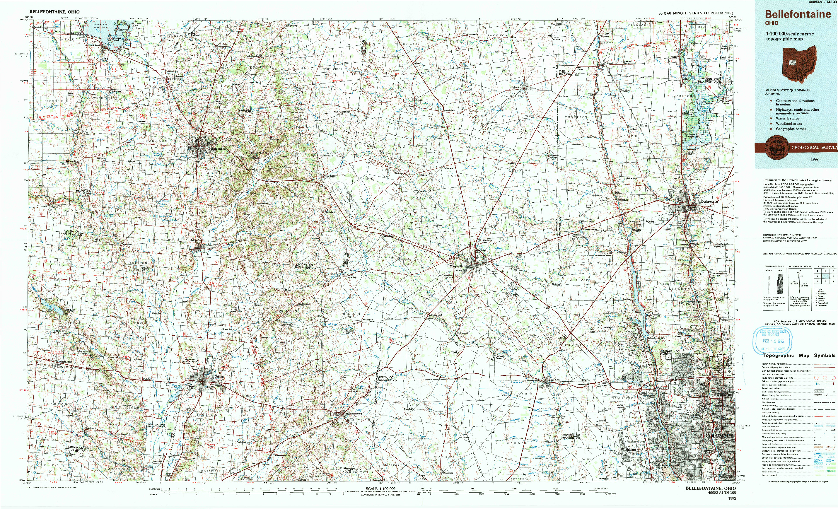 USGS 1:100000-SCALE QUADRANGLE FOR BELLEFONTAINE, OH 1992